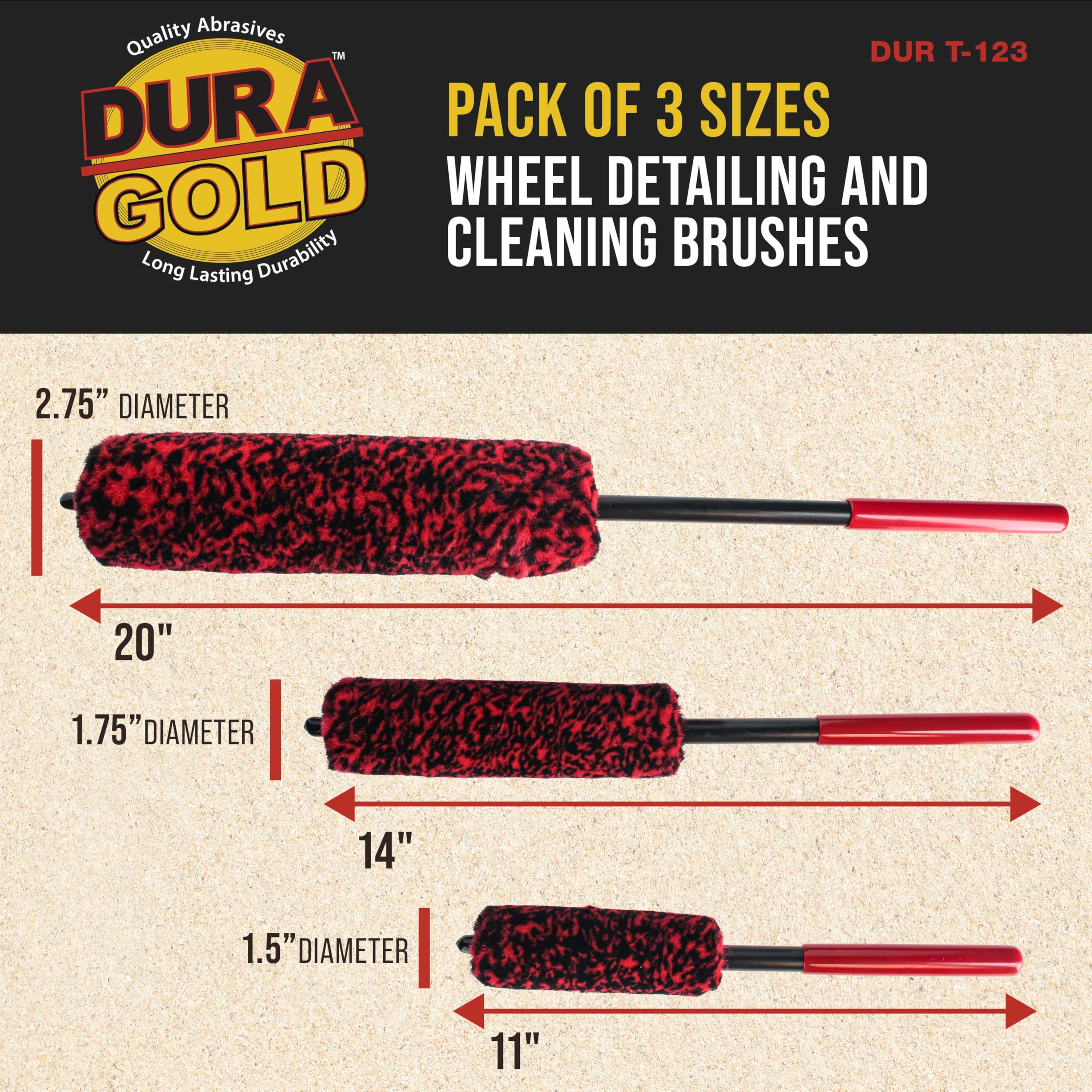 Dura-Gold Car Wheel Detailing and Cleaning Brush Set, 3 Sizes - Bendable, Durable Soft Dense Synthetic Wool Microfiber, Metal-Free - Clean Detail Auto Wheels, Rims, Tires, Remove Road Grime Brake Dust