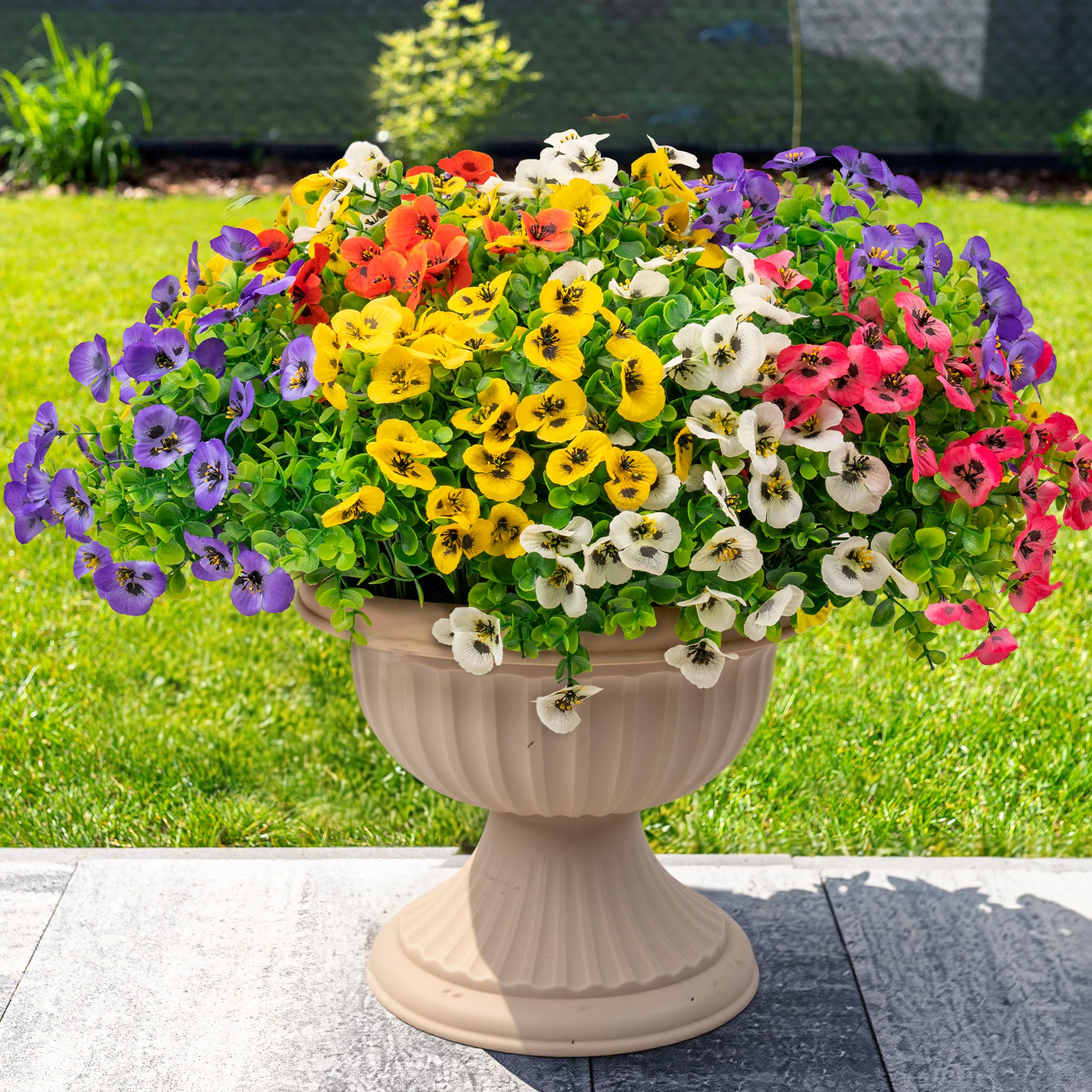 Photo 1 of 20 Bundles Artificial Fake Pansy Flowers for Outdoor - Yellow, White, Purple, Sunset red & deep pink Faux Pansies Flowers, Fake Flowers for Outdoor Planters, Porch, Garden, and Home Decoration