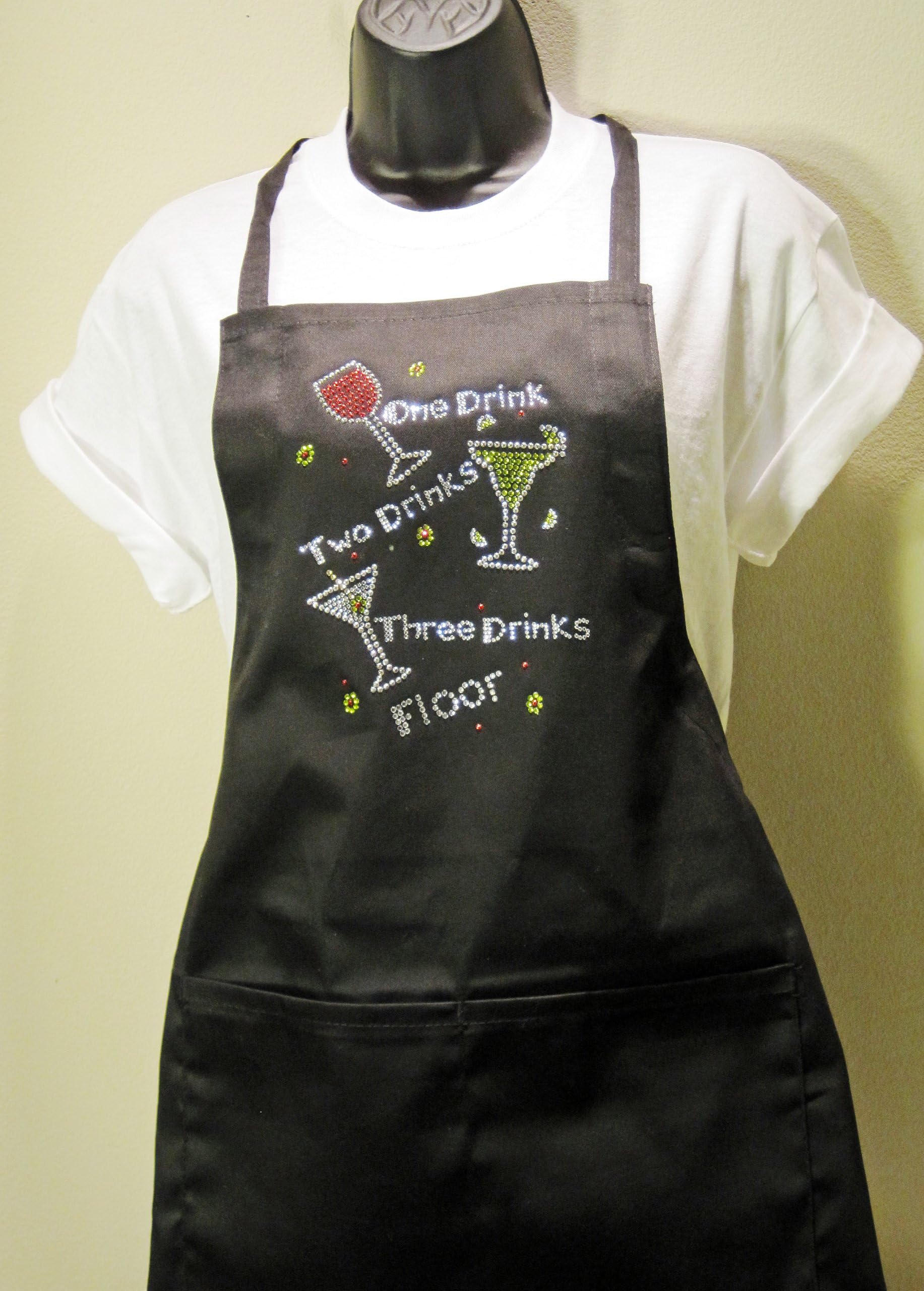 Shimmery Rhinestone Black Apron- "1-2-3 Drinks Floor"- No Sales Tax