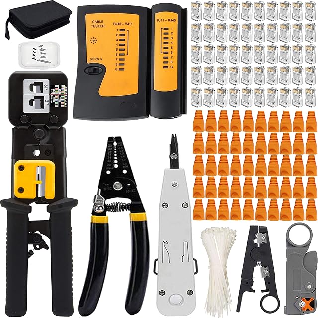 MAYLINE CAT5 Cat5e CAT6 Computer LAN Cable Tester RJ45 Crimp Tool kit, Network Crimper Crimping Tool, Ethernet Crimper Wire Stripping Repair Kit&RJ45 Crimp Repair Tool, 50PCS Connectors(Yellow)