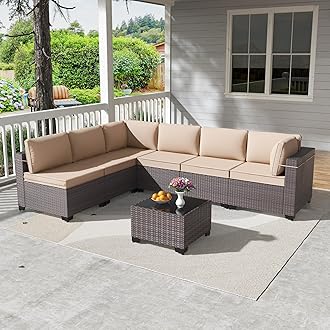 Kullavik7 Pieces Outdoor Patio Furniture Set,PE Wicker Rattan Sectional Sofa Patio Conversation Sets with Tempered Glass Table,Sand