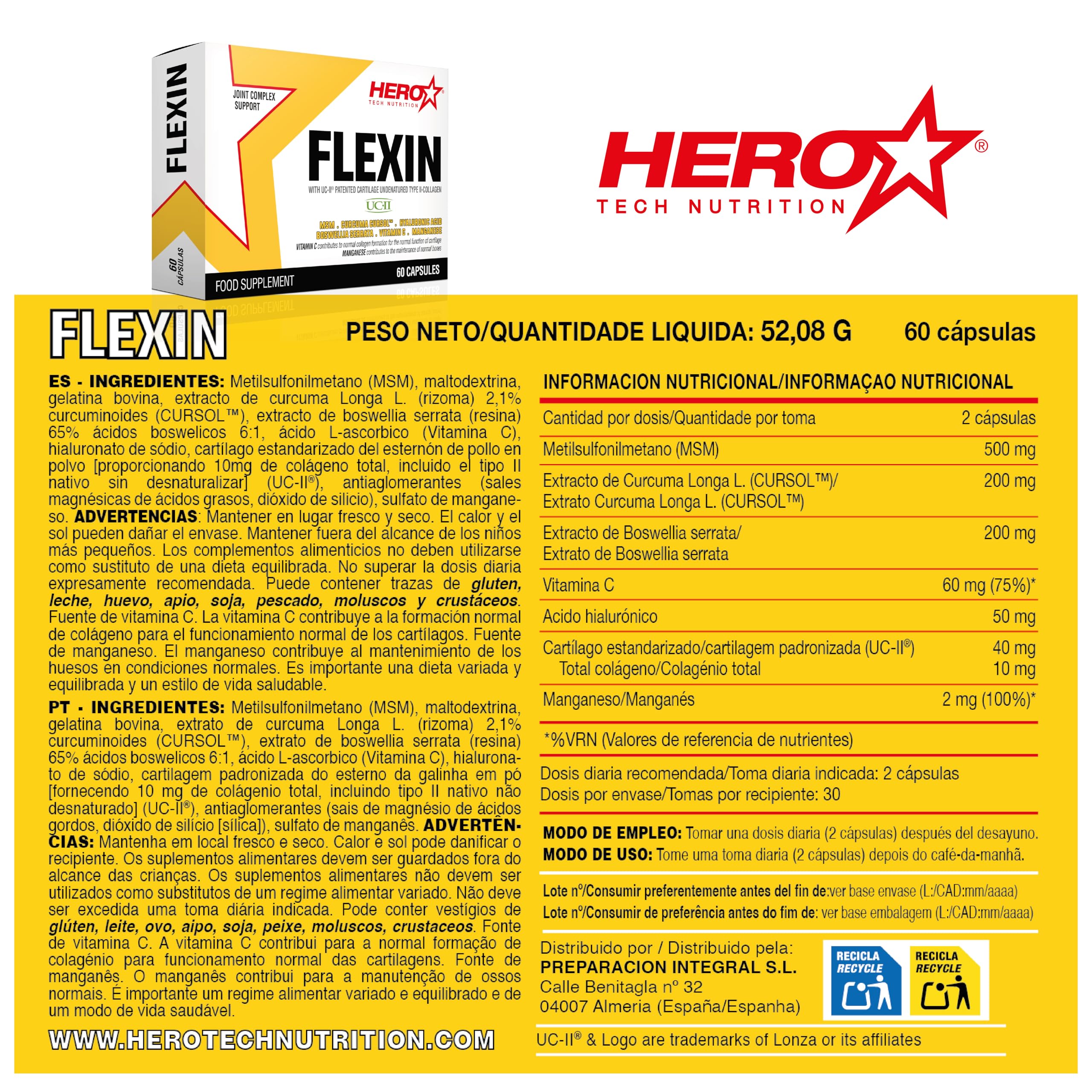 HERO TECH | FLEXIN 60 caps. | Apoyo a la Salud de Articulaciones | Con Colágeno, Cartílago y MSM | 7 ingredientes activos para mejorar la salud articular y regenerar el tejido conectivo | Sin OGM