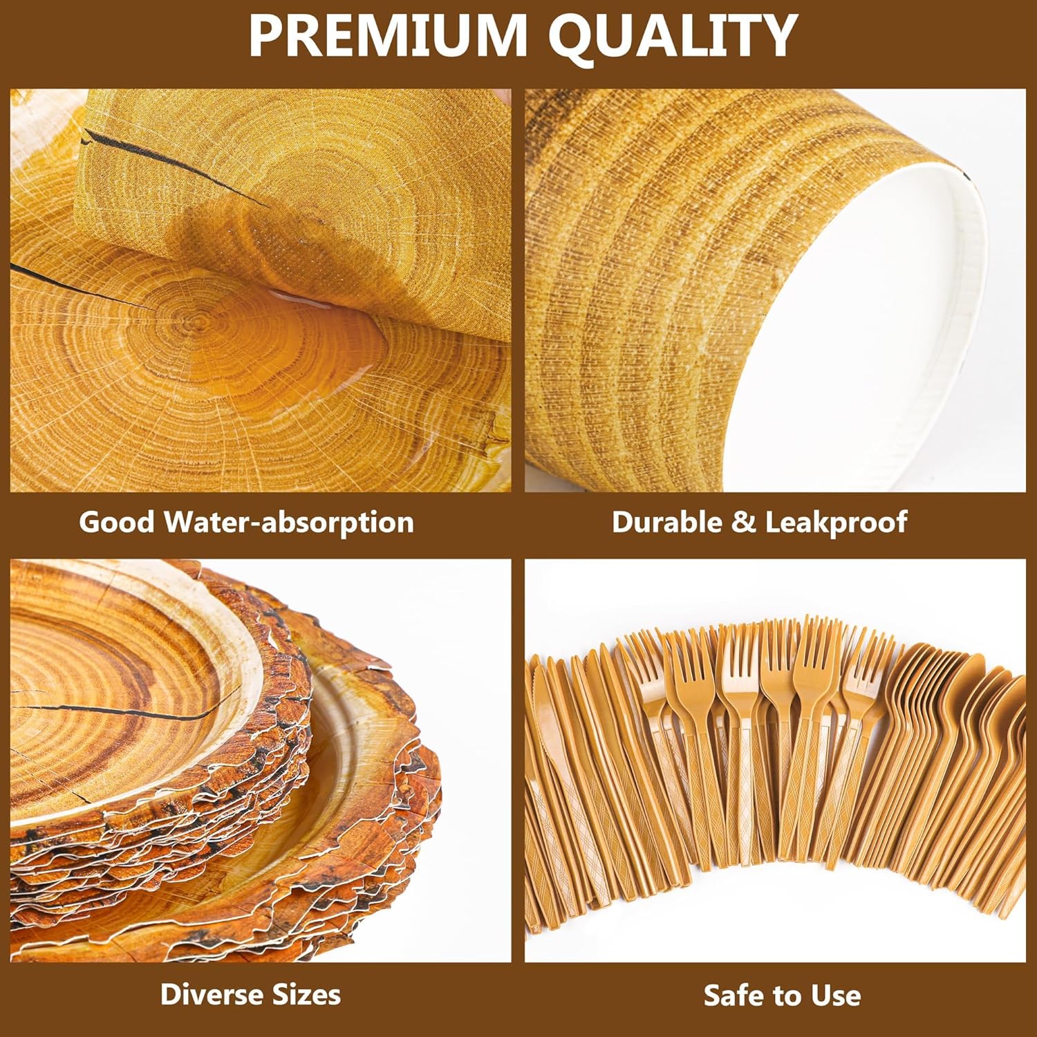 Kochorie 175 Pieces Rustic Wood Slice Party Supplies Camping Wood Grain Slice Tableware Set 7 Inch and 9 Inch Paper Plates Napkins Cups Cutlery for Hunting Birthday Party Decorations, Serve 25 Guests