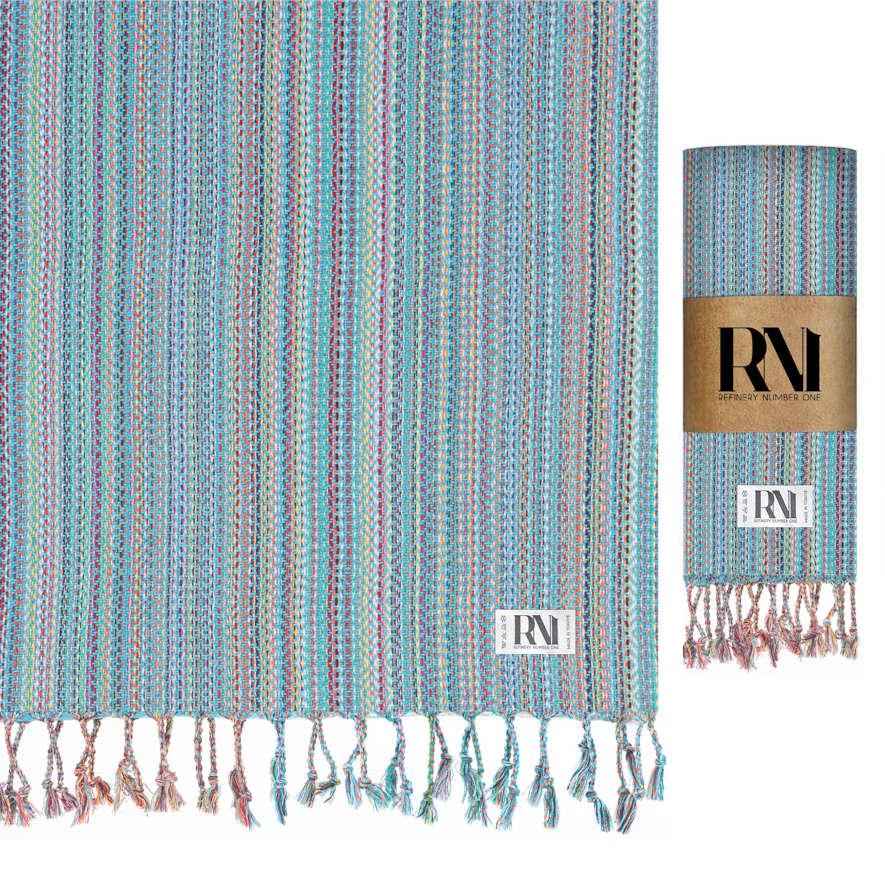 Refinery No. 1 Turkish Beach Towel, Nomad Weave, Oversized Quick Dry Lightweight, Sand Free, Pool and Swim Towel (Ocean Blue Multi-Colored Pattern)