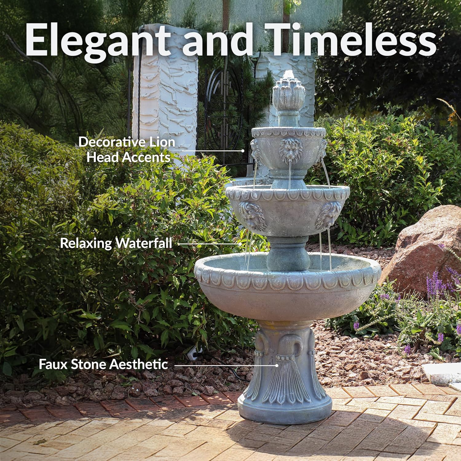 Sunnydaze Lion Head 53-Inch 3-Tier Outdoor Water Fountain with Electric Submersible Pump for Patio, Yard, or Deck