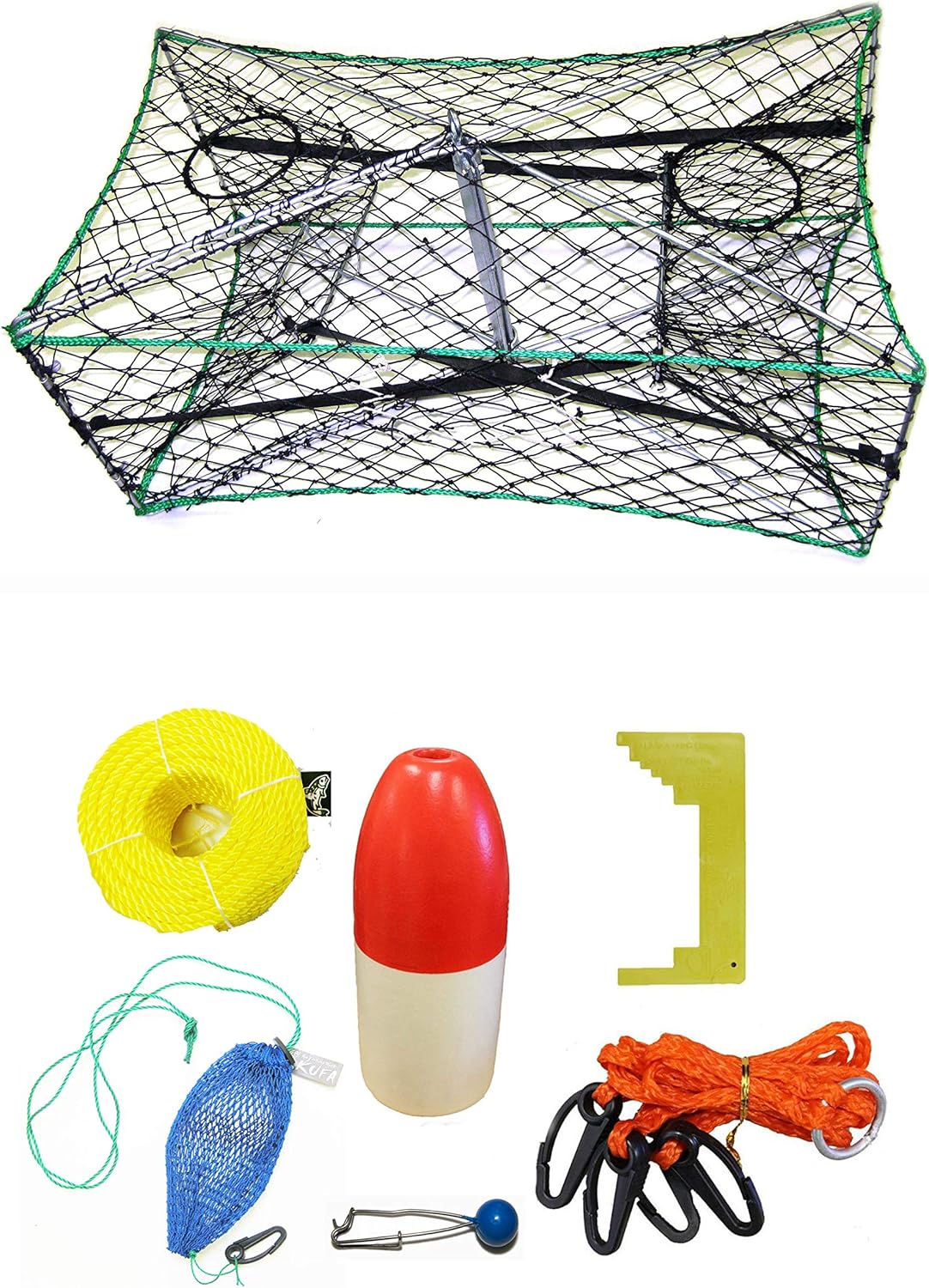 KUFA Galvanized Foldable Crab Trap & Accessory Kit (100' Poly Rope with line Weight, Caliper,Harness,Bait Bag & 11" Red/White Float) S33+CAP14
