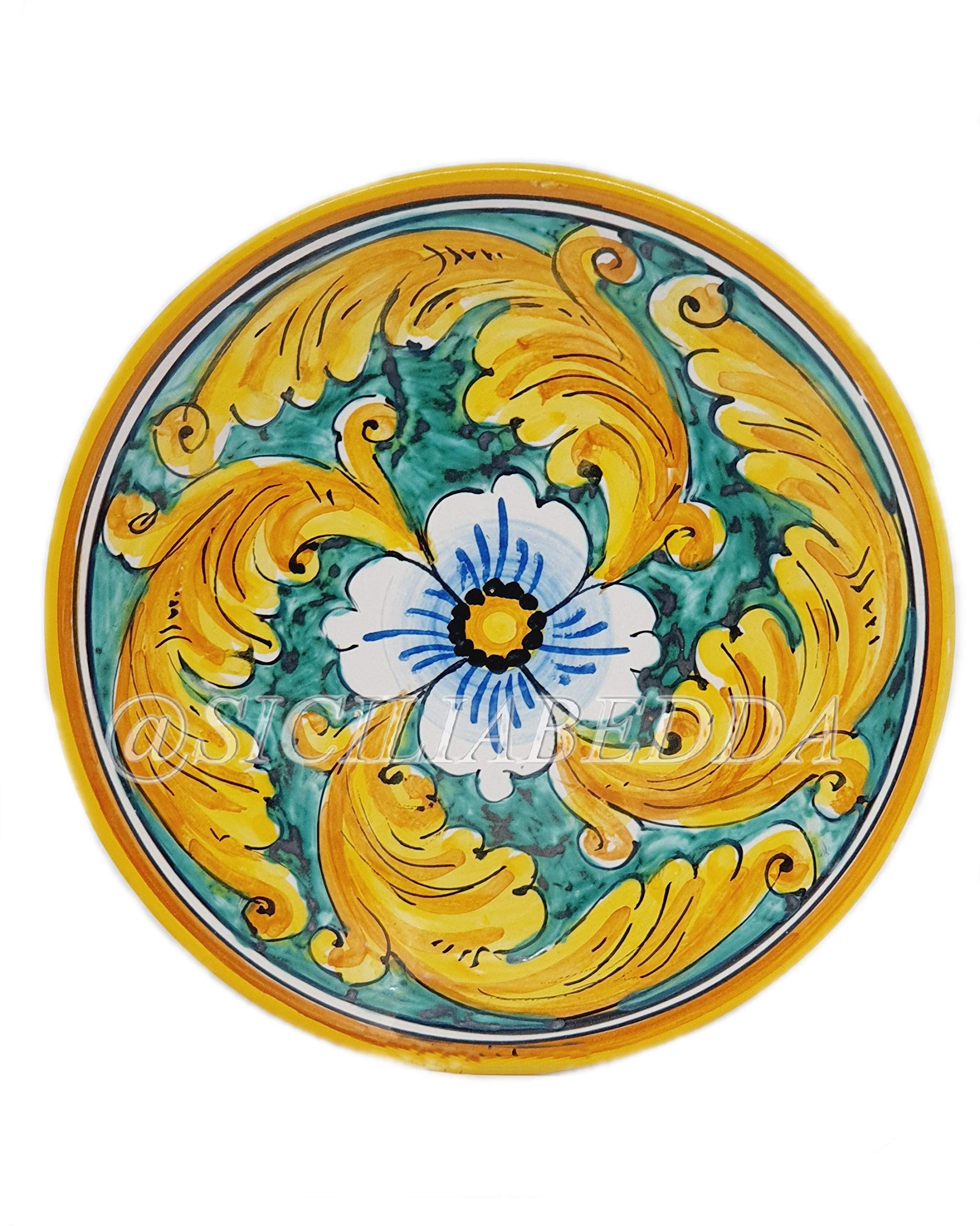 Piatto in Ceramica Siciliana Decorazioni Maioliche Dipinto a Mano Fiore Giallo Diametro 12 cm