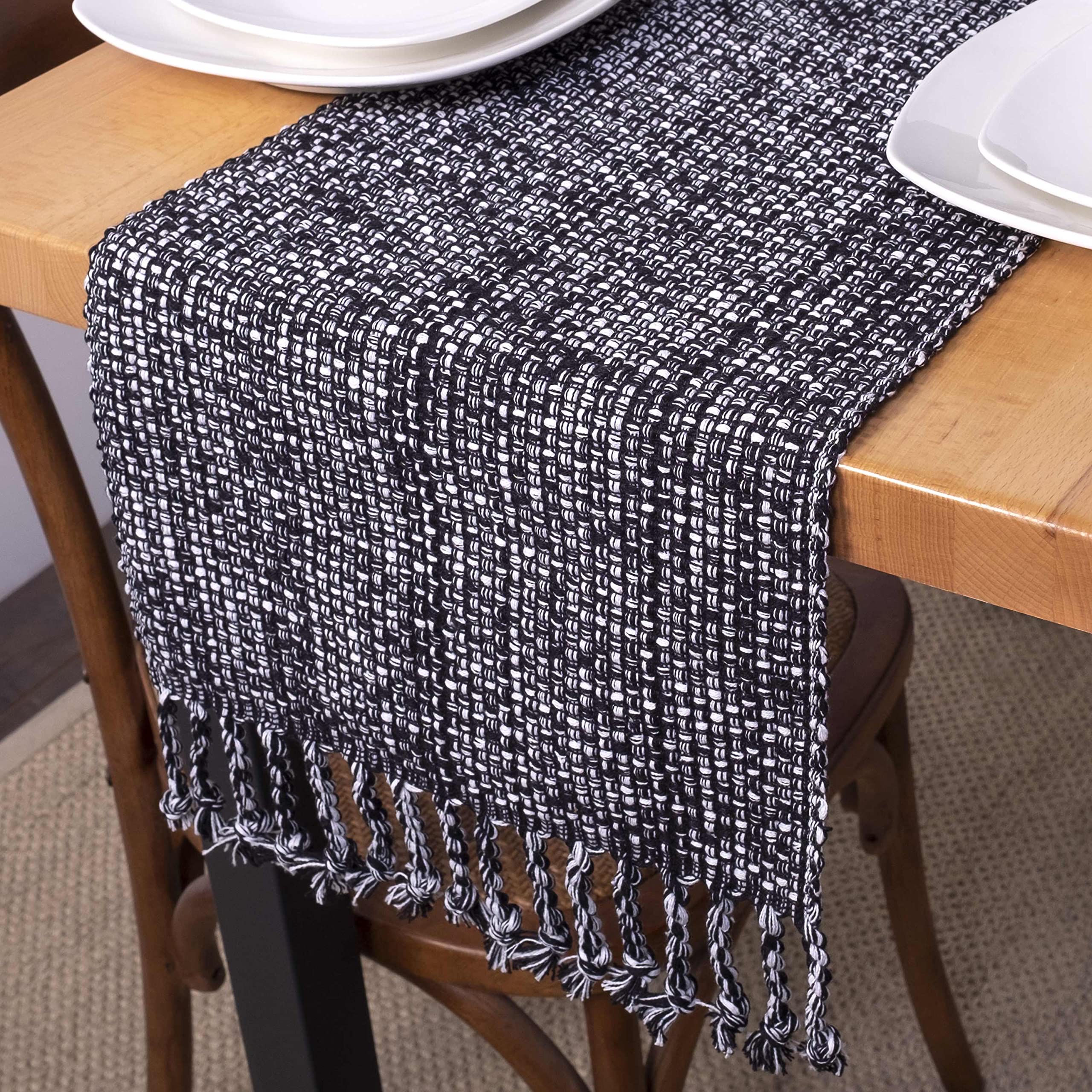 Camino de mesa 100% algodón para mesas de comedor, rectangular, tela tejida en dos tonos, 72 x 13 pulgadas, camino de mesa suave y duradero, negro, paquete de 12 unidades