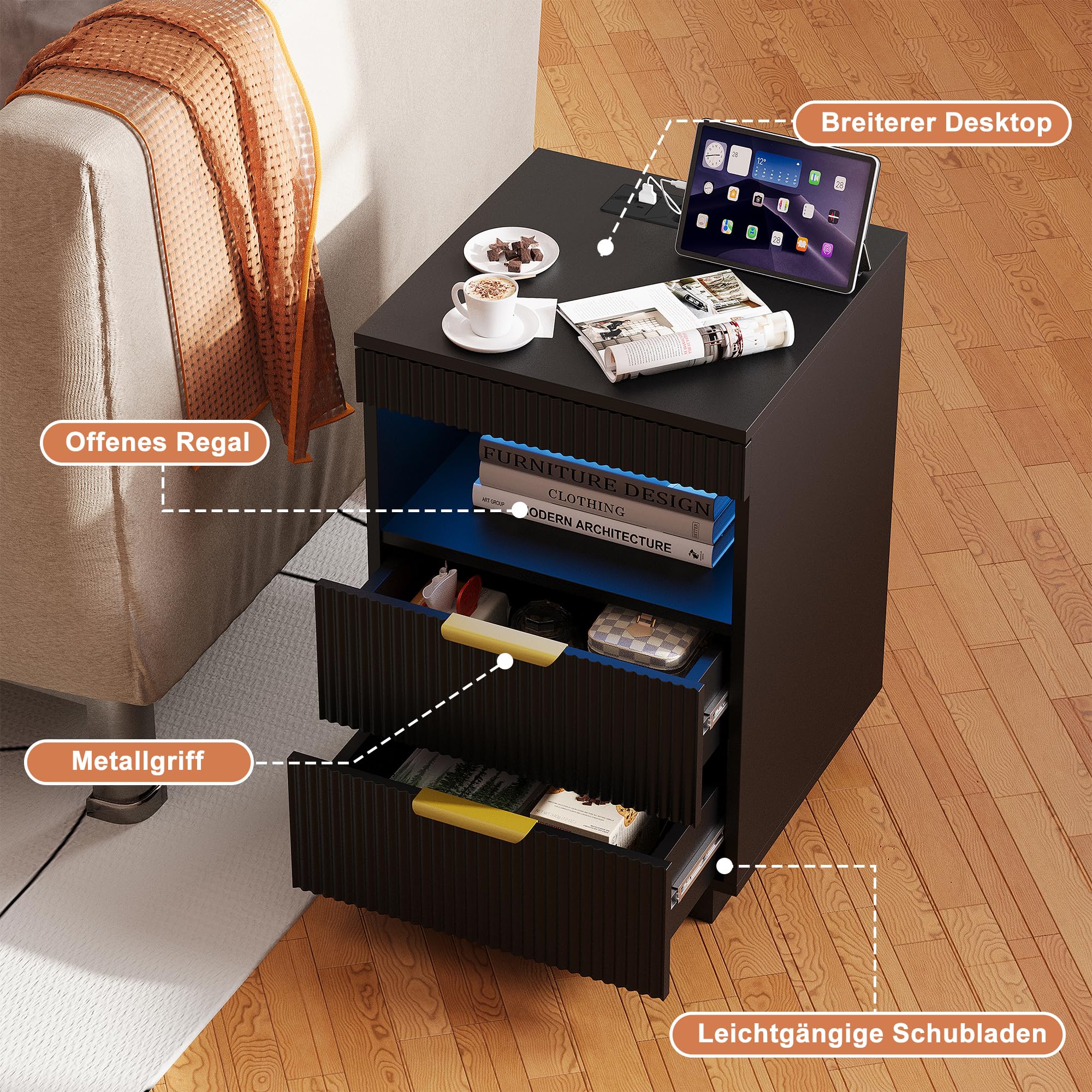Mesitas de noche LED, mesitas de noche con 2 cajones y USB, mesa auxiliar con almacenamiento y compartimento abierto, mesa baja moderna para dormitorio, sala de estar, 40 x 40 x 60 cm, color