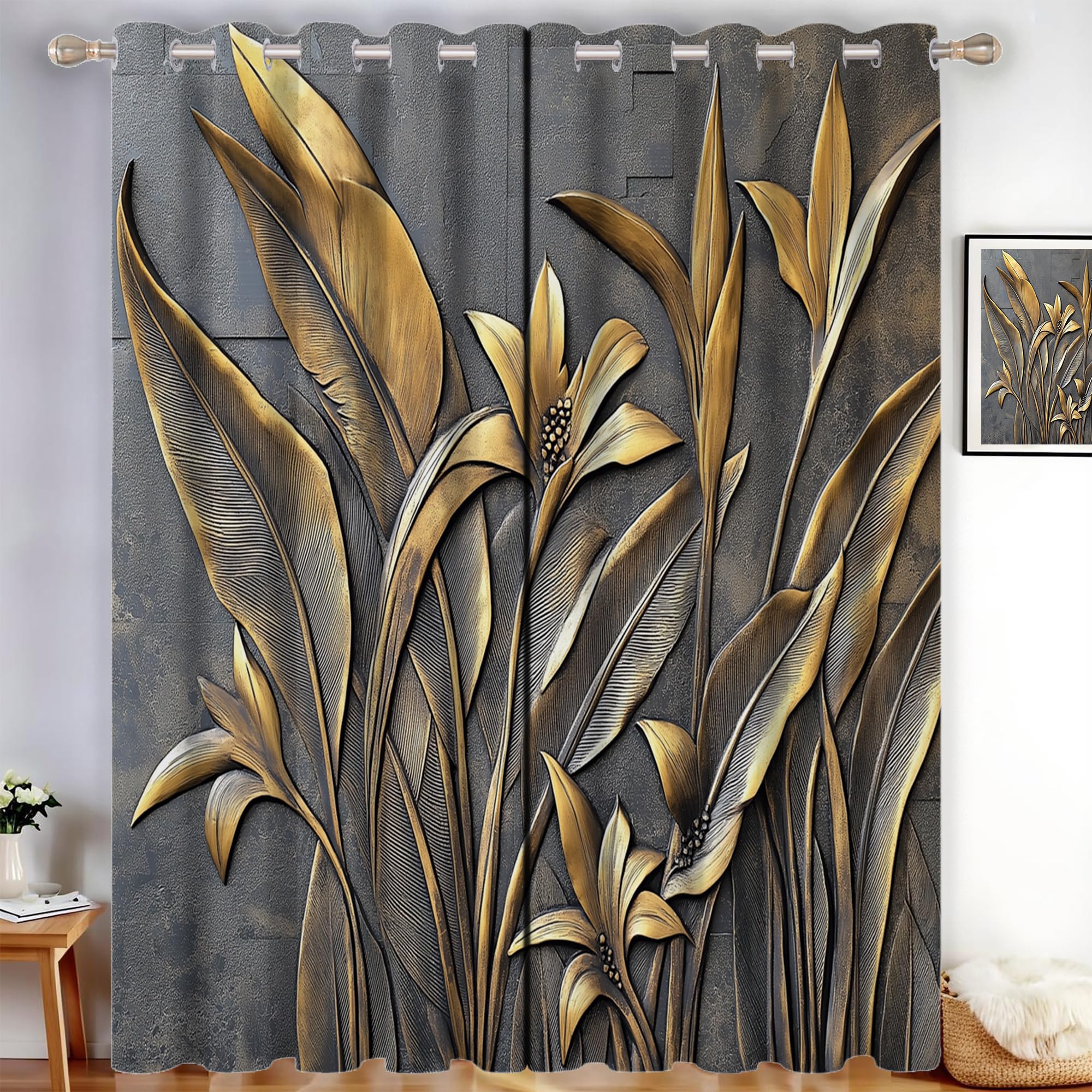 Rideau occultant anti-lumière à œillets avec motif feuilles exotiques bronze