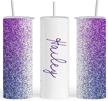 Personalized Purple Glitter Effect Birthday Tumbler with Name | 20oz Skinny Stainless Steel Insulated Cup | Birthday Gift for Women Girls Friends | Custom Travel Mug