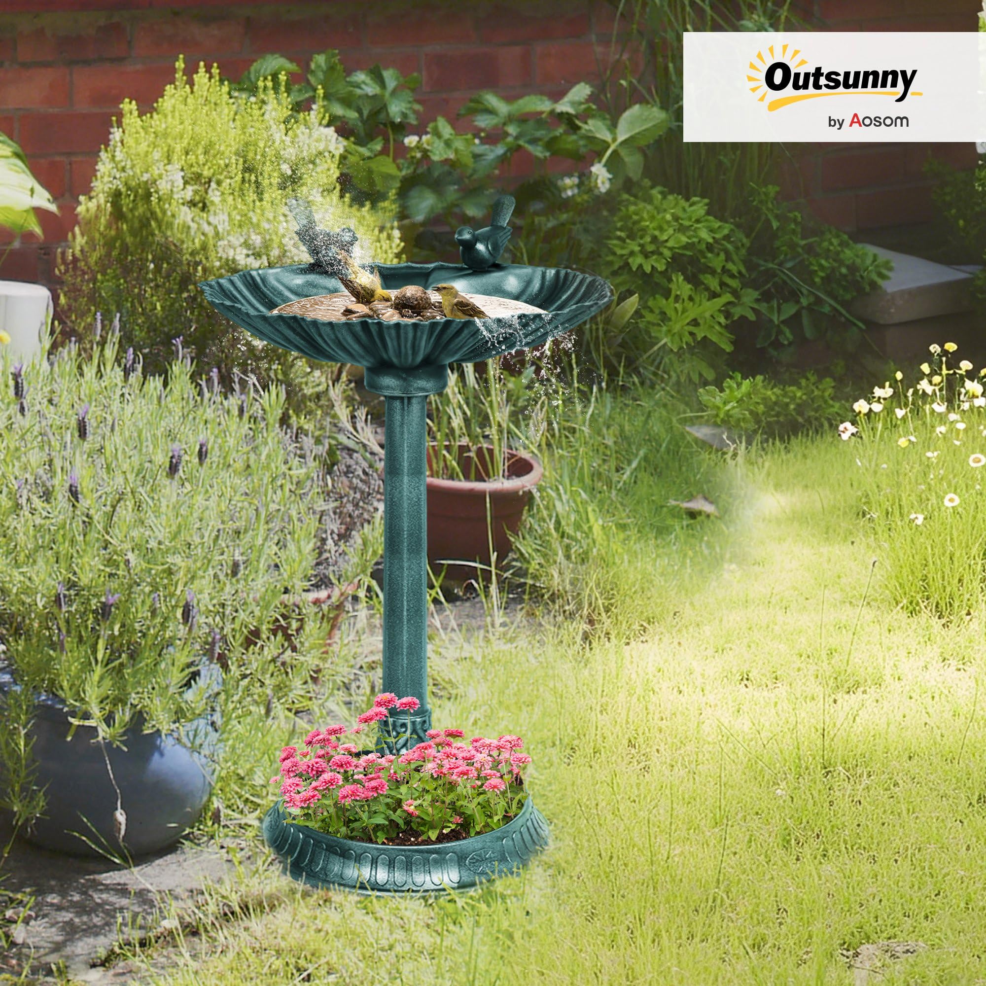 Outsunny Bain d'oiseaux Antique 81 cm avec Base de jardinière, Mangeoire, Bassin sur Pied, Style Vintage, Bronze Vert