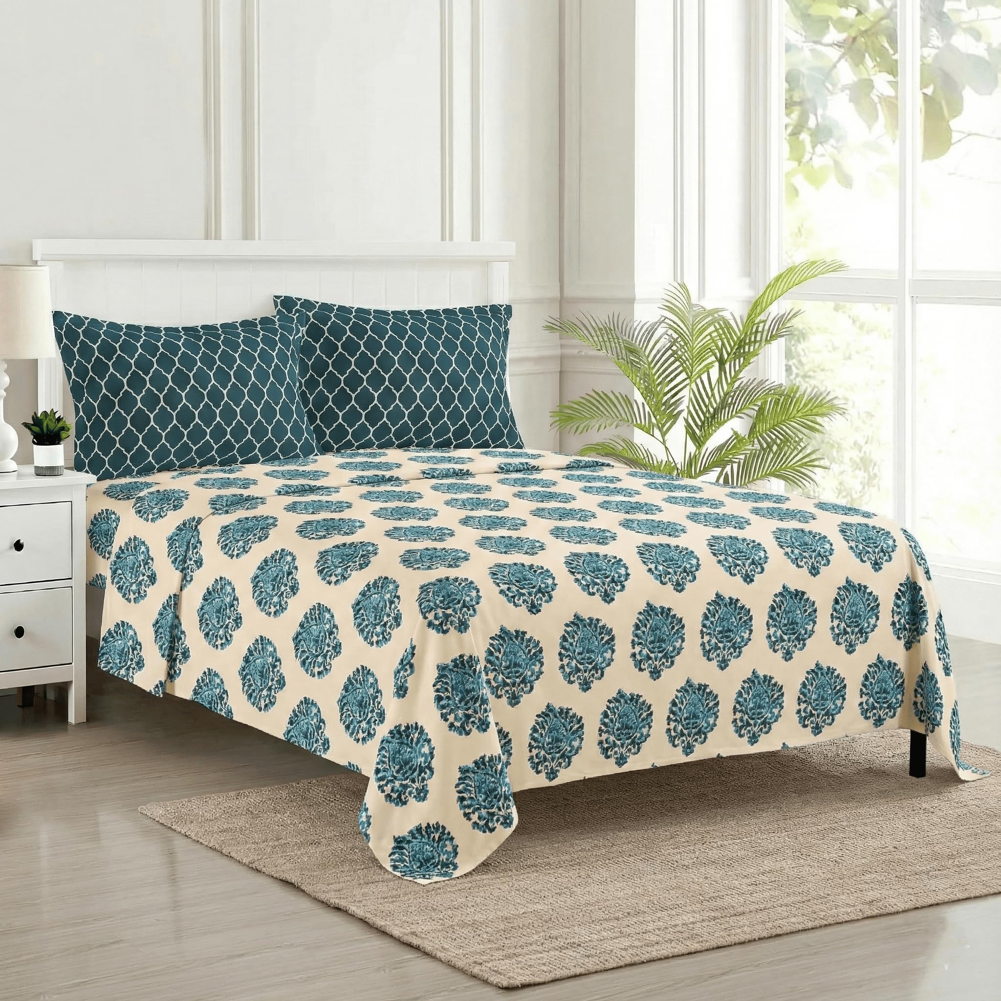 Trance Home Linen 200TC 100% Cotton King Size Printed Bedsheet | Bedding Set of King Size Flat Bed Cover with 2 Pillow Covers (108x108 inch | 9ft x 9ft - Damask & Dori - Blue)