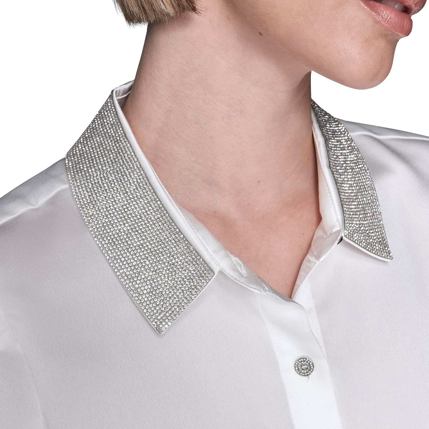 Karl Lagerfeld Womens Short Sleeve Collared Neck Crystal Collar Elevated Button Down - Image 6
