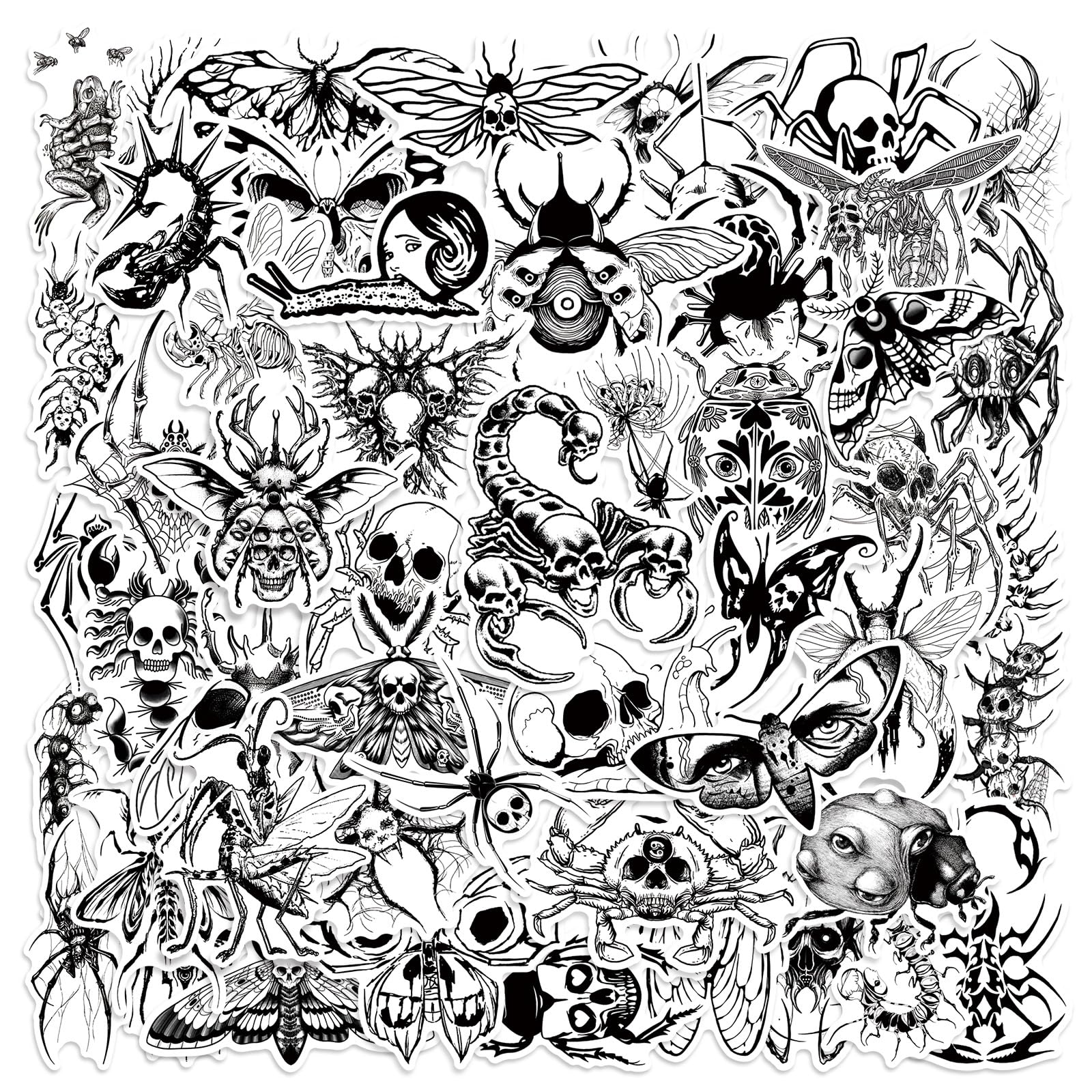 50PCS Gothic Style Insect Animal Stickers,Gothic Style Skull Sticker for Teens Adults Boys,Black and White Waterproof Aesthetic for Scrapbook Water Bottle Journal Dairy Skateboard Car Luggage Laptop