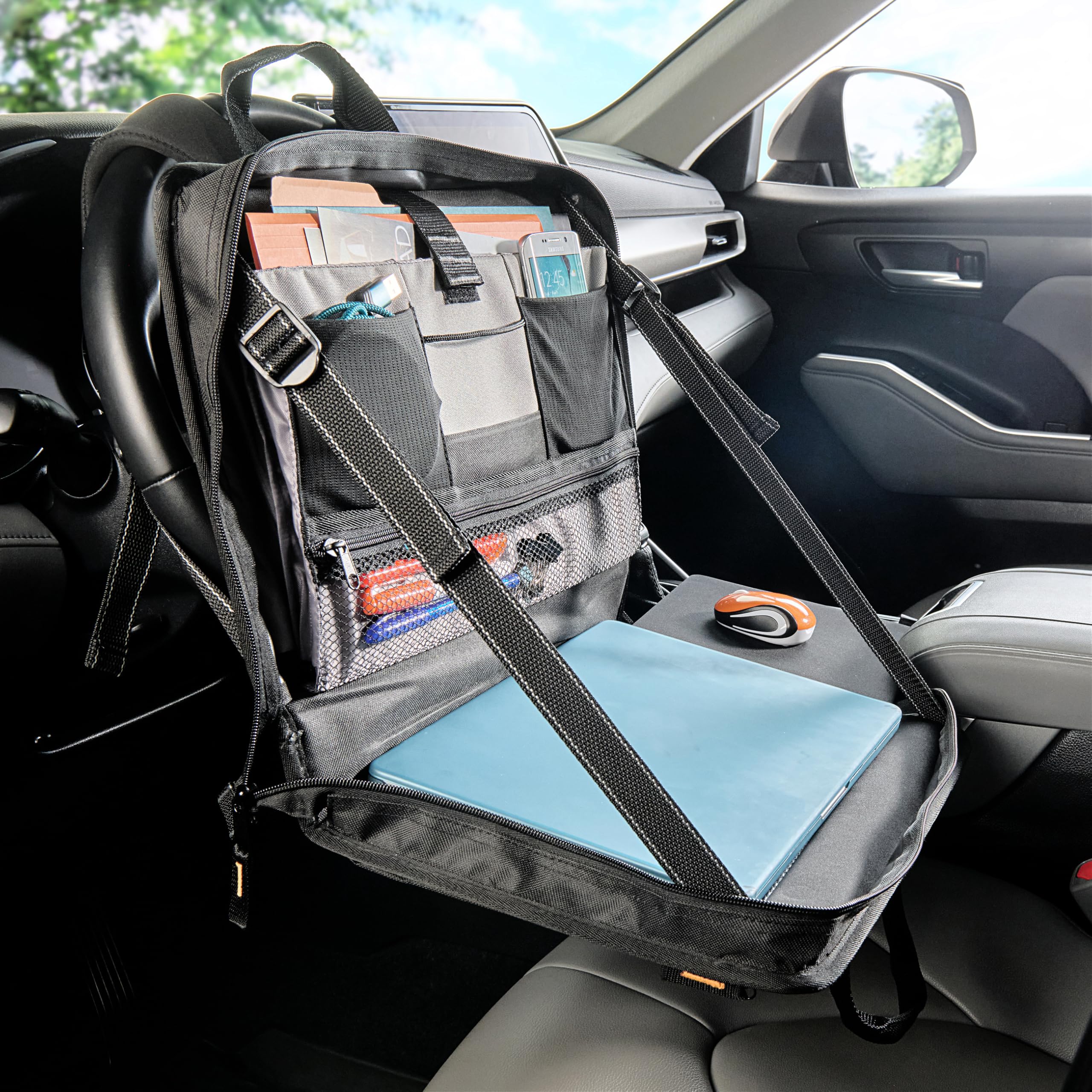 High Road Car Desk for Laptop and Steering Wheel Desk - Portable Car Office Laptop Case with 6 Storage Compartments, Phone Holder, Sturdy Mouse Tray