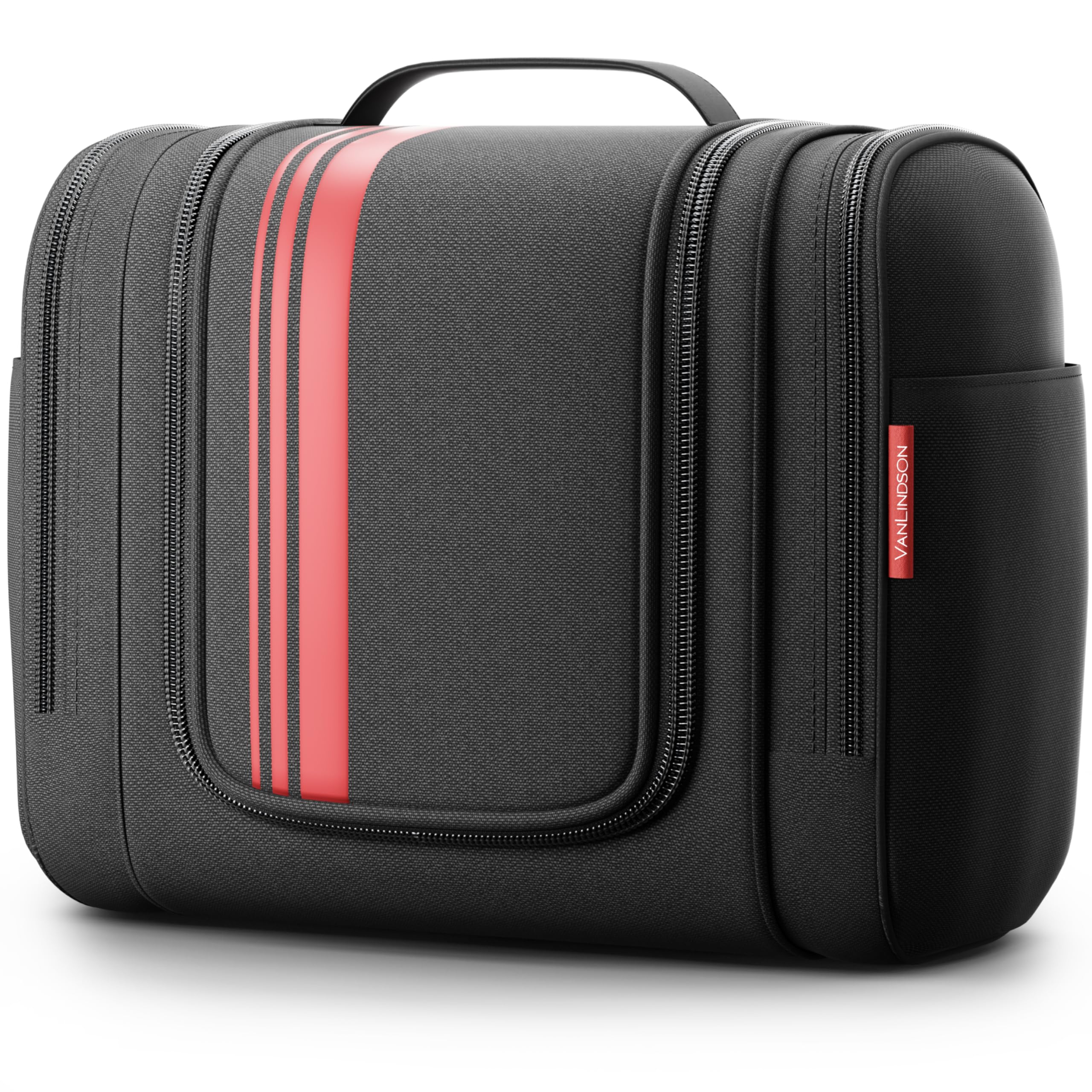 VanLindson Neceser XXL para Viaje [9 litros de Espacio, Diseño 2024] - Neceser Mujer y Hombre Colgante, Bolsa de Aseo Ideal para Maquillaje y Organización (Negro/Rojo)