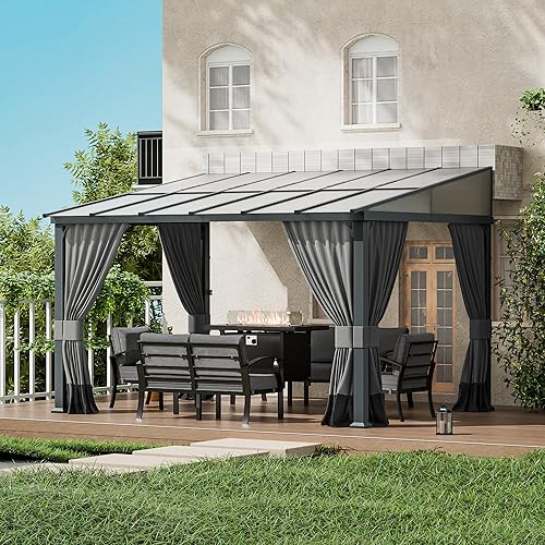 10x12FT Gazebo, Hardtop Wall Mounted Gazebo with Sloping Sun Panel Roof, Awnings for Patio with Metal Frame, Double Curtains for Garden, Lawn, Backyard Deck, Sand