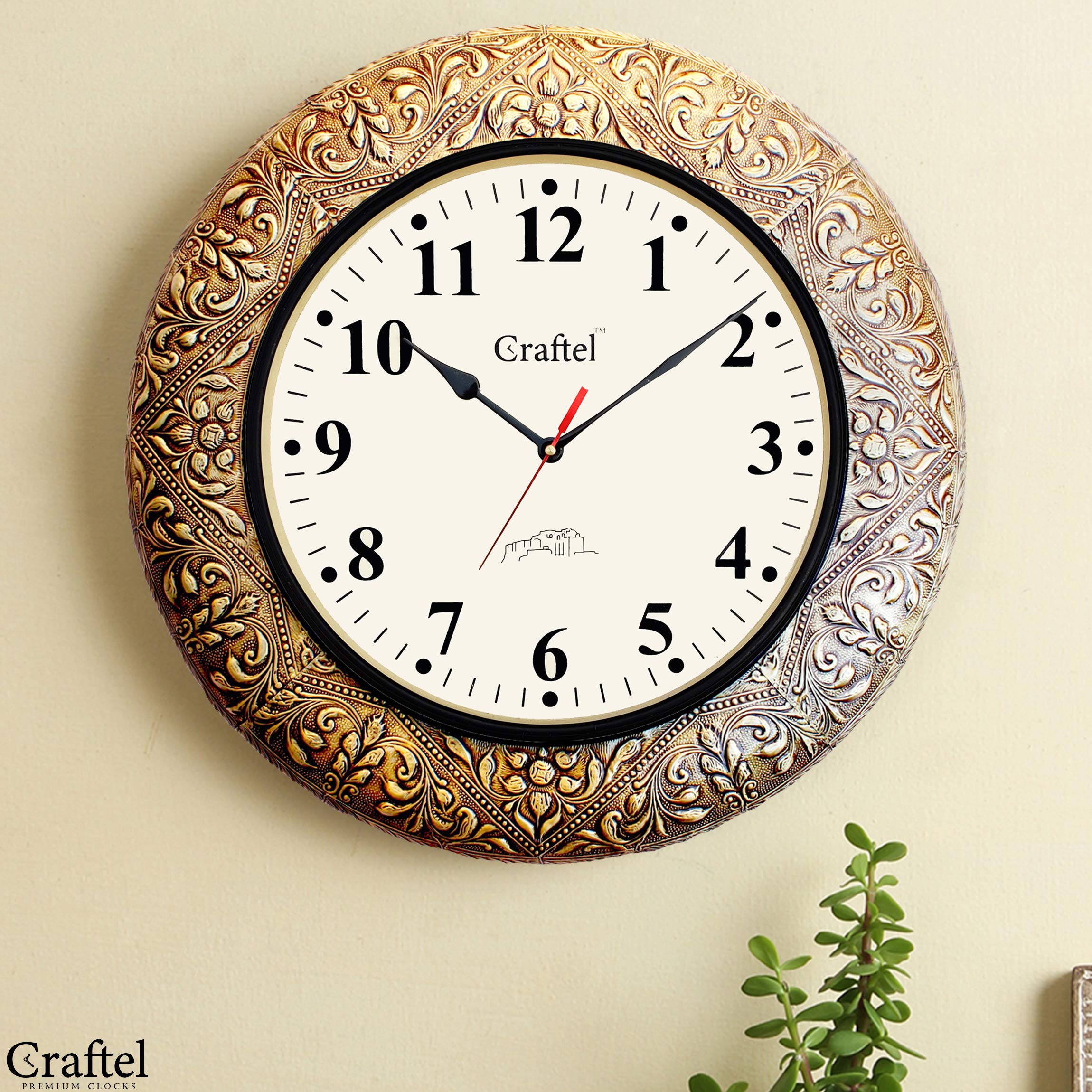 Craftel Brass Embossed Analog Wall Clock Round Handcrafed Clock for Bedroom Living Room Home and Office (18 x 18 inch, Multicolour)