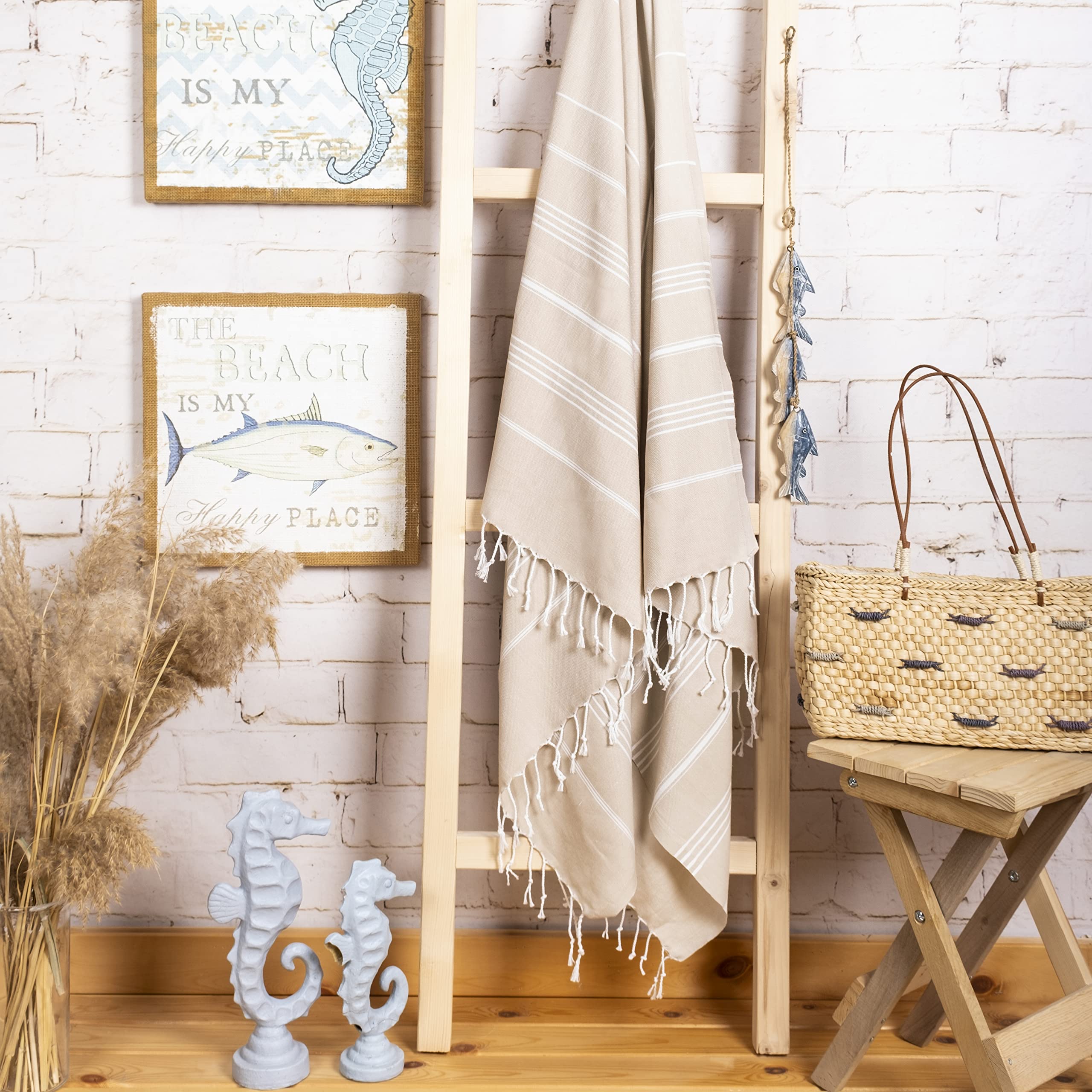 LAYNENBURG Ręcznik premium z ręcznie wiązanymi frędzlami, do łaźni tureckiej, sauny, plażowy, 100% bawełna, Oeko-Tex 100, podróżny, rozmiar XXL, 100 x 200 cm, 2 szt., pestemal, beżowy