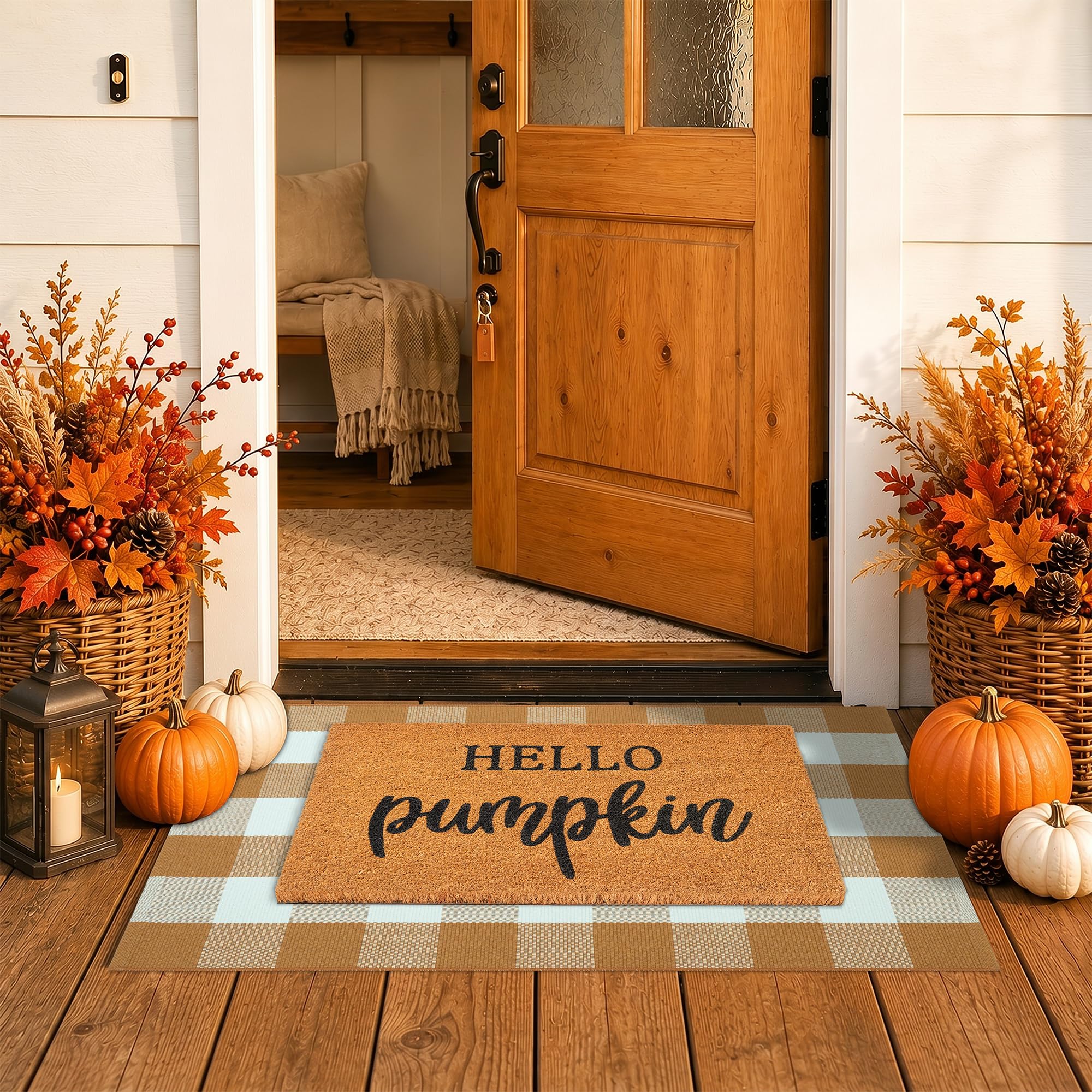 Fall Door Mat Set - Coco Coir & Plaid Rug -10 Fall Door Mat Set - Coco Coir & Plaid Rug -10