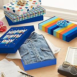 Hallmark Designed Shirt Boxes with Lids (8 Boxes: 2 Each of Orange and Blue Stripes, Plaid, Dots, Happy Birthday) for Birthdays, Father\'s Day, Graduations