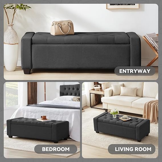 Mangodan 48 Ottoman with Storage, Soft Storage Ottoman Bench for Bedroom, Tufted Upholstered Window Benches, End of Bed Bench for Living Room, Entryway Bench with Seating, Foot Rest, Darkgrey