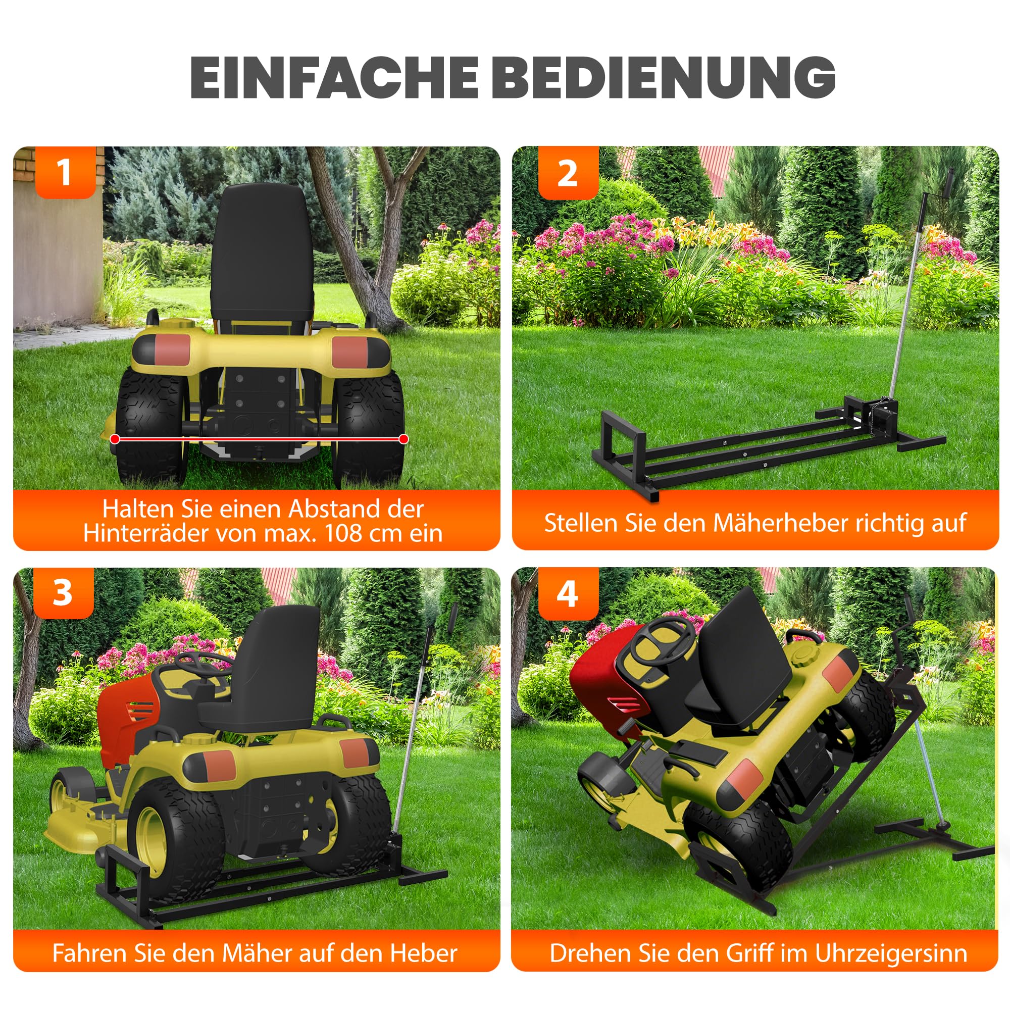 Rasentraktorheber, faltbare Schwerlast-Hebebühne aus Stahl für Rasenmäher, 400 kg Hubkraft, teleskopierbarer Wartungswagen mit Griff für manuellen und Elektrowerkzeug-Einsatz (Schwarz)