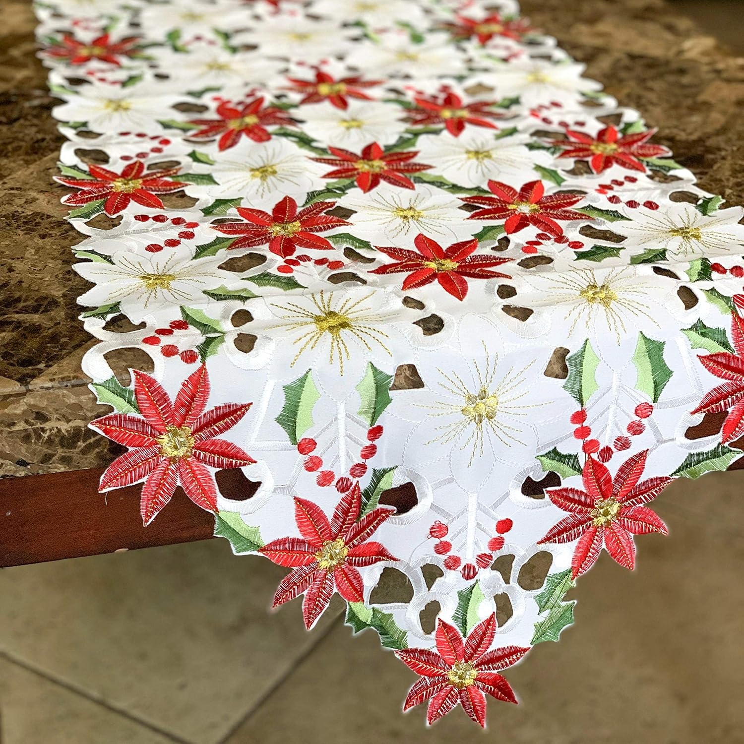 Joiedomi Christmas Flower Table Runner, Embroidered Poinsettia Holly Leaf Table Runner for Christmas Decorations