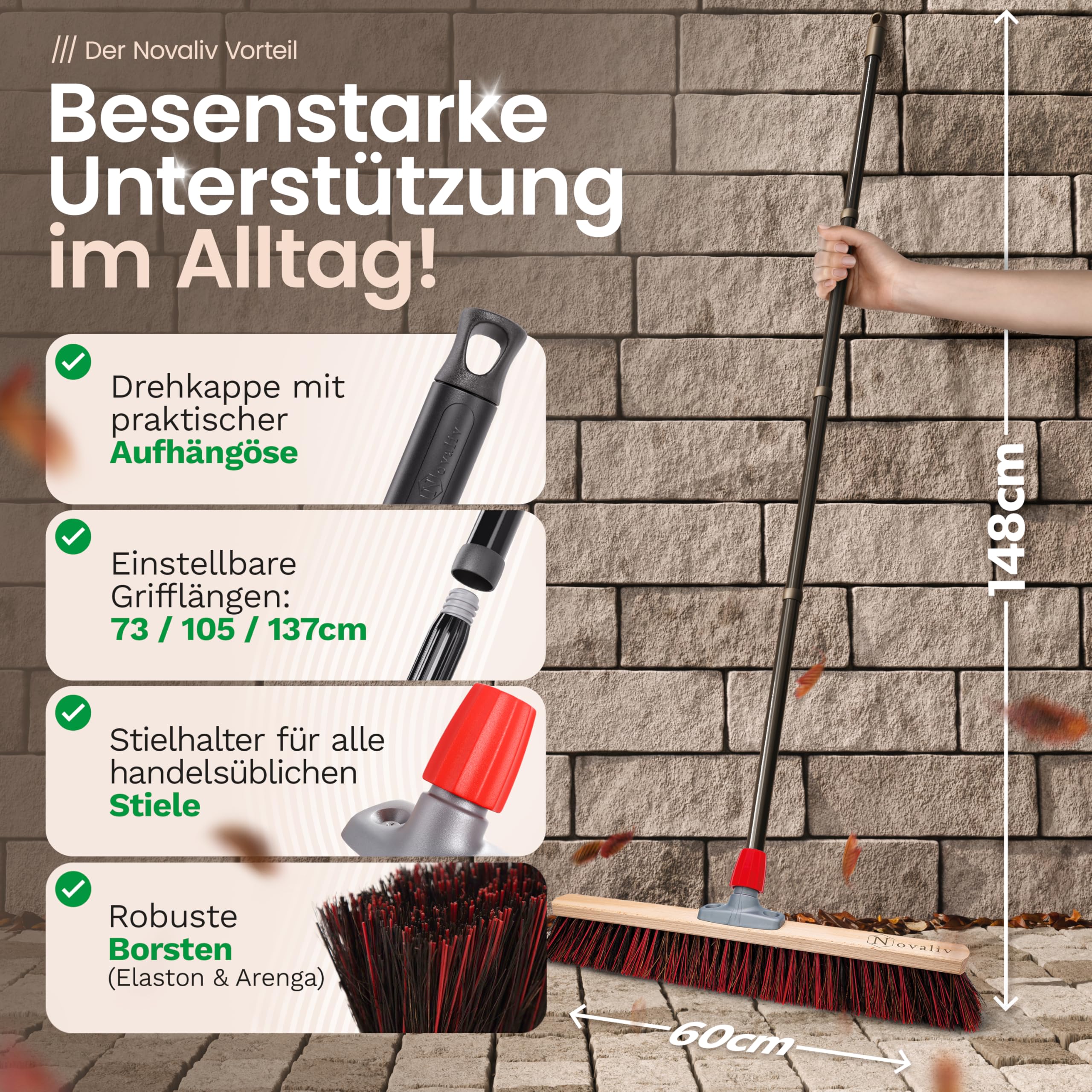 Novaliv 4X Mix Arenga Elaston Besen 60 cm Besenkopf I ohne Stiel I Arenga-Elaston schwarz-rot I Besen für draußen I Straßenbesen Industriebesen Gartenbesen Schneebesen Allzweckbesen