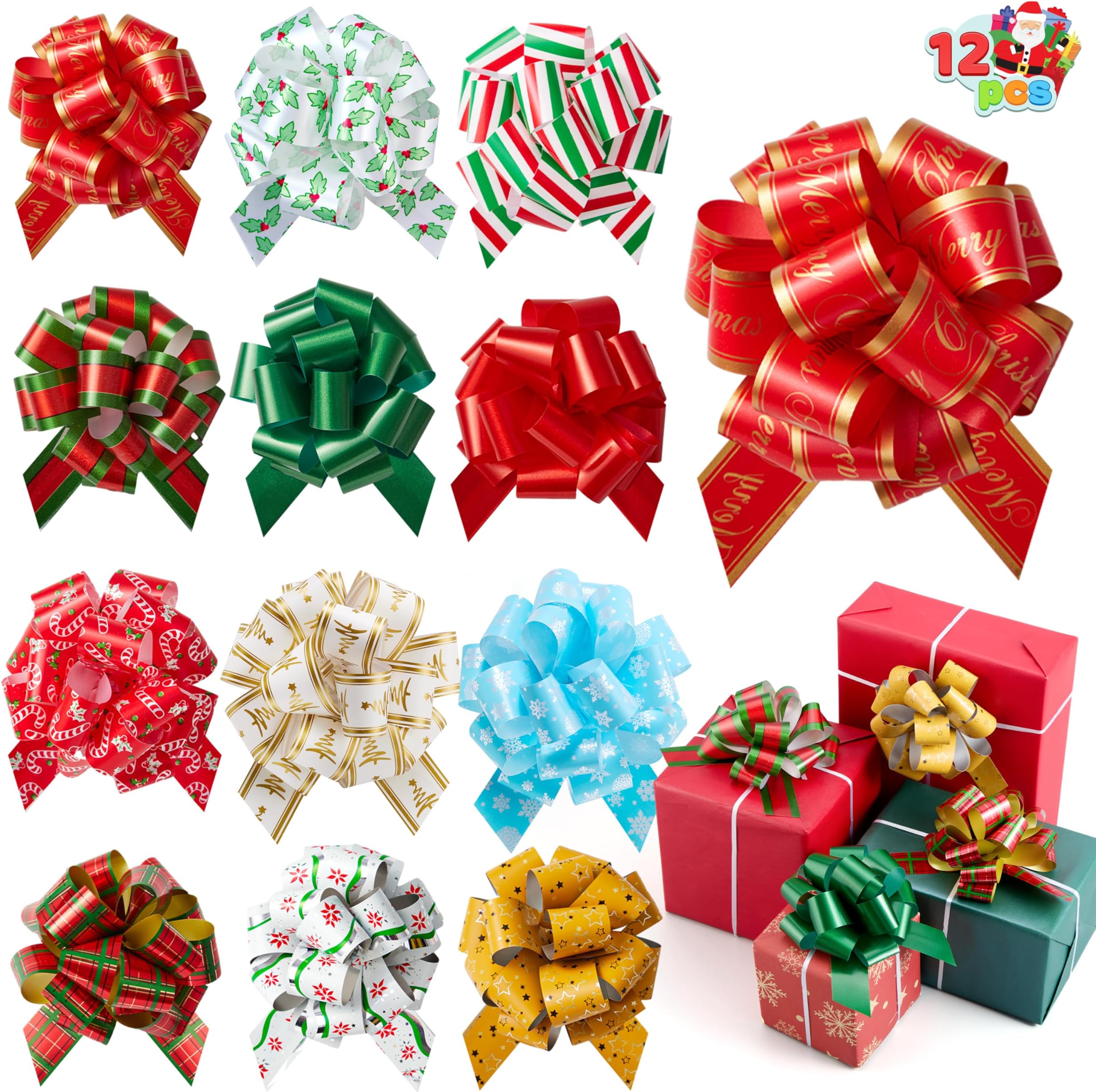 JOYIN 12 PCS Large Christmas Pull Bows with Ribbon 5” Wide for Gift Wrapping and Tags, Christmas Tree, Wine Bottles, Boxing Day Decorations, Holiday Décor Present Wrapping