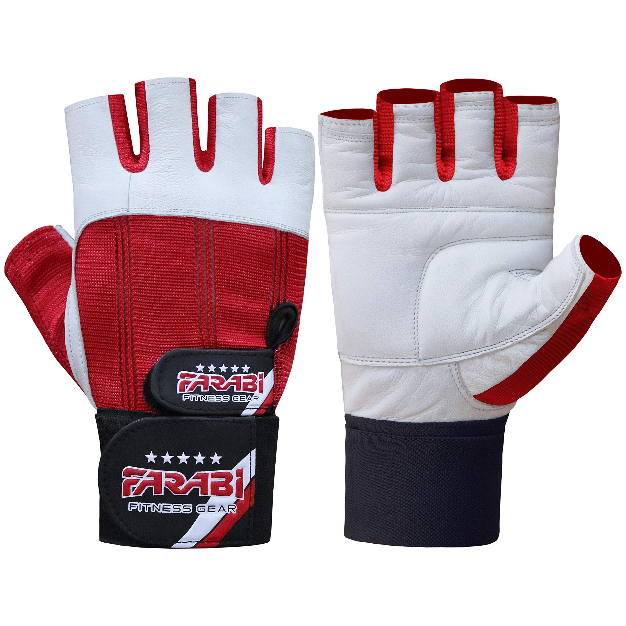 Farabi Weight Lifting Gym training Gloves Real Leather with 4 Way Stretch Mesh Spandex Hook & Loop Closure (Red, Small) — image 1