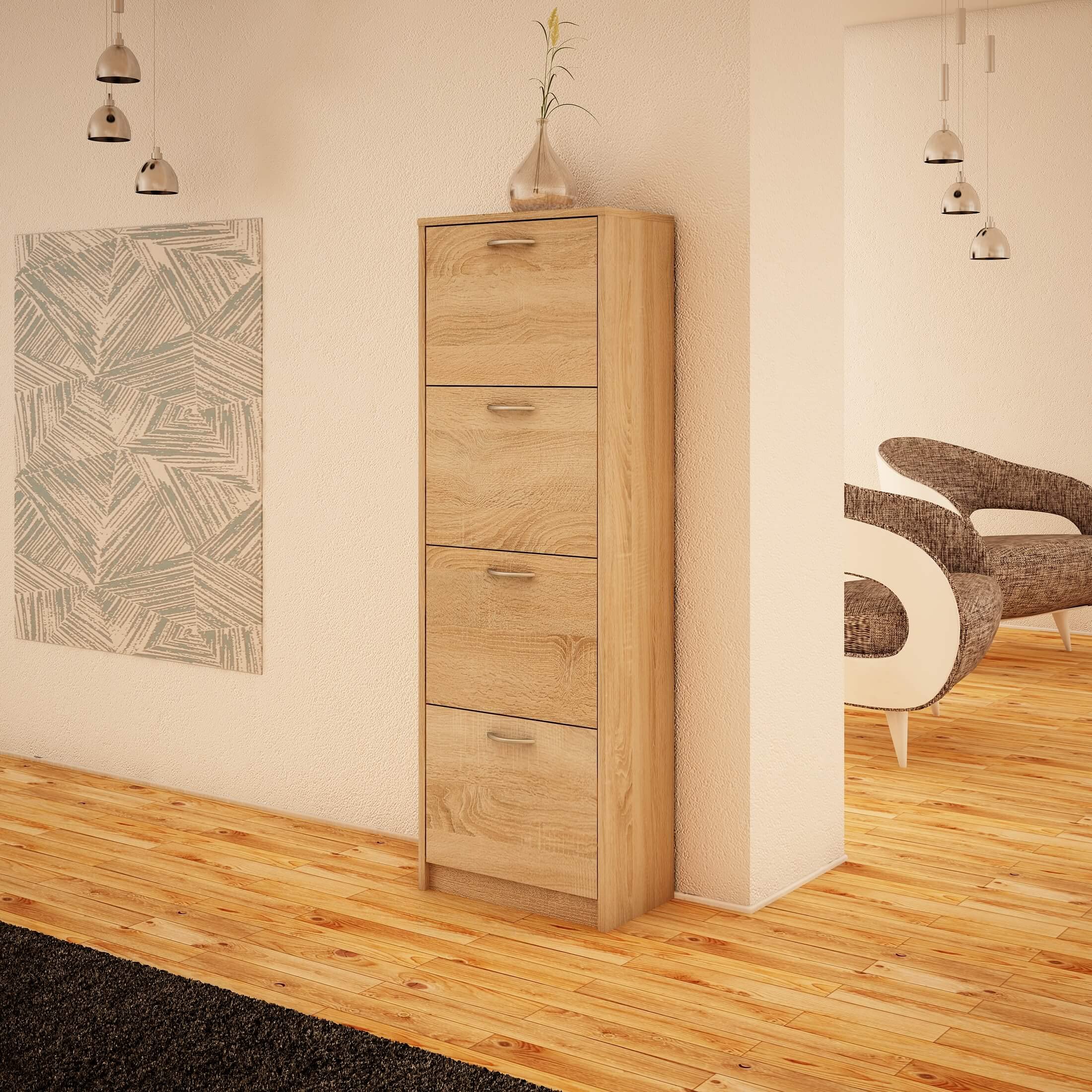 Scarpiera Alta Con 4 Ante Pieghevoli - 152x50x28 Cm, Per Ingresso E Corridoio, Finitura Sonoma