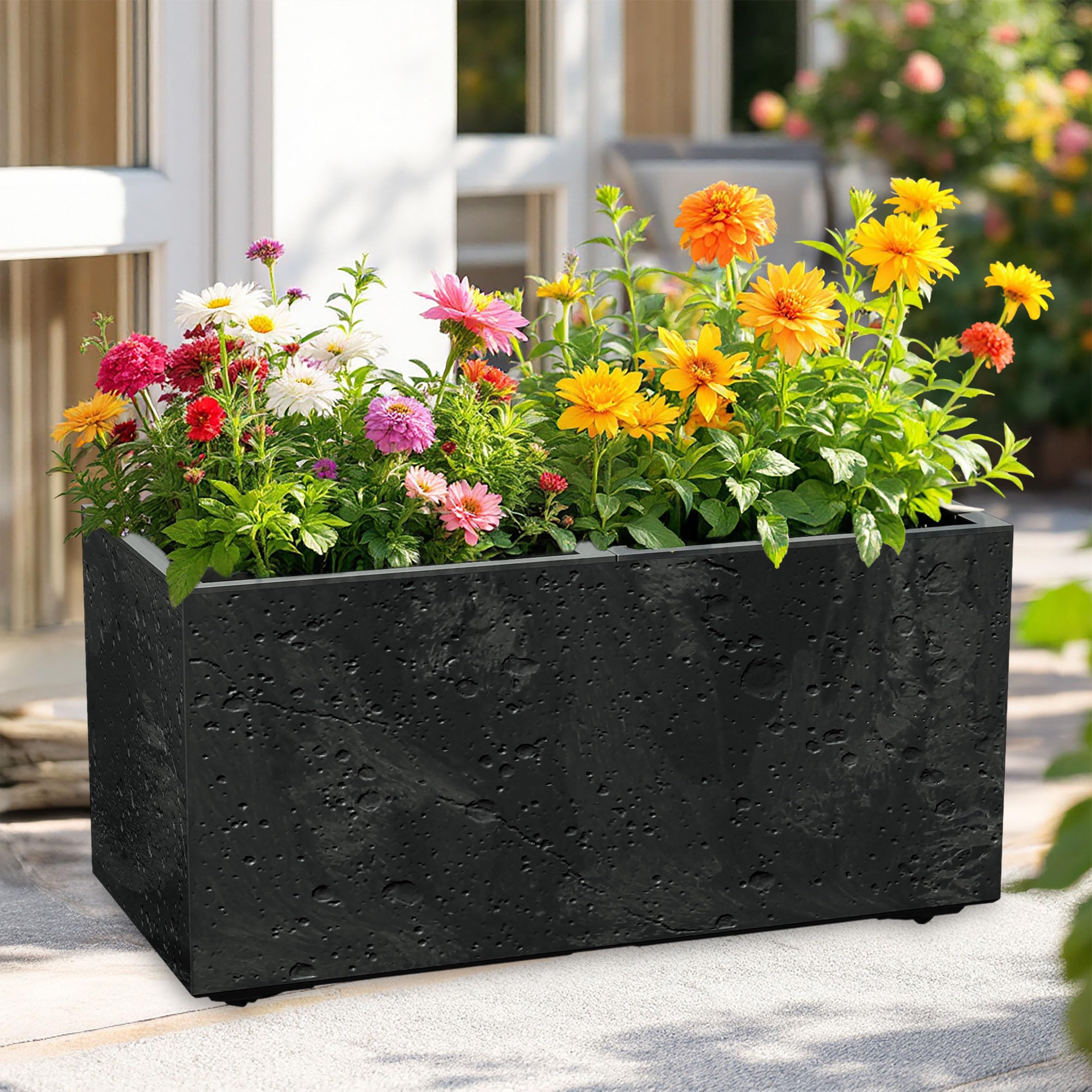 Skrzynka na kwiaty z tworzywa sztucznego, wygląd betonu, 2 komory na rolkach – 59 x 29 cm – prostokątna donica na rośliny, antracytowa, z wkładem na rośliny i drenażem, zwijana doniczka na kwiaty do