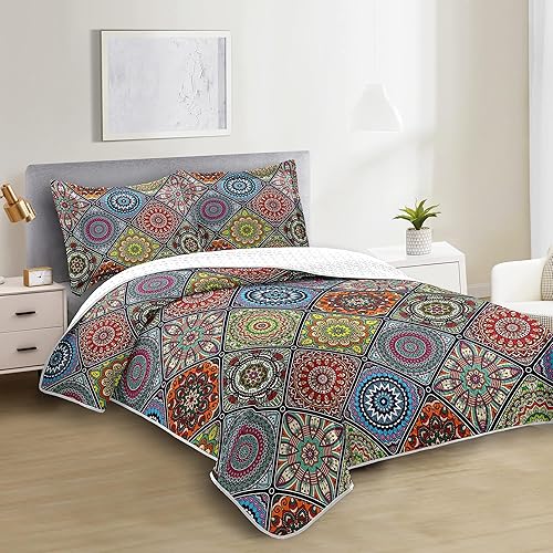 zhuzai Juego de edredón de retazos de 3 piezas, tamaño King, reversible, bohemio, con 2 fundas de almohada, juego de ropa de cama de microfibra
