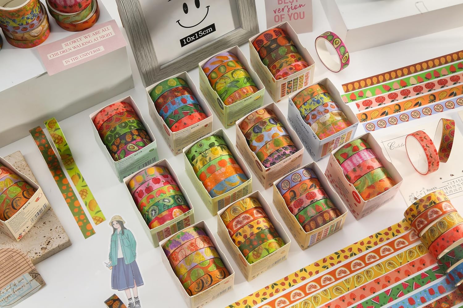 60 Rolls Cute Washi Tape Pack Basic Mini Adhesive Tapes Stars, Plaids, Florals, Grids & Dots Patterns Decorative Masking Tape Sets for Craft, Kids, Scrapbook, DIY, Gift Wrapping (Fruits)