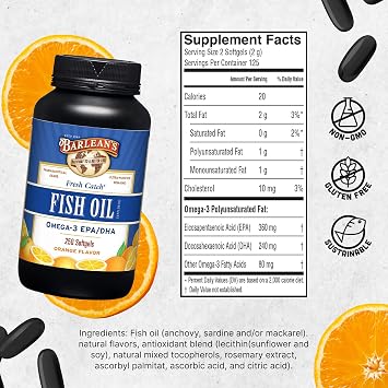 Barlean's Omega 3 Fish Oil Supplements, 600mg Fish Oil Pills with EPA & DHA, Softgels for Joint, Brain, Heart Health, Orange Flavored, 250 Count | Wild-caught fish oil, EPA DHA omega-3, Burpless, Non-GMO, Gluten-free, 250-count value size, Heart & brain support
