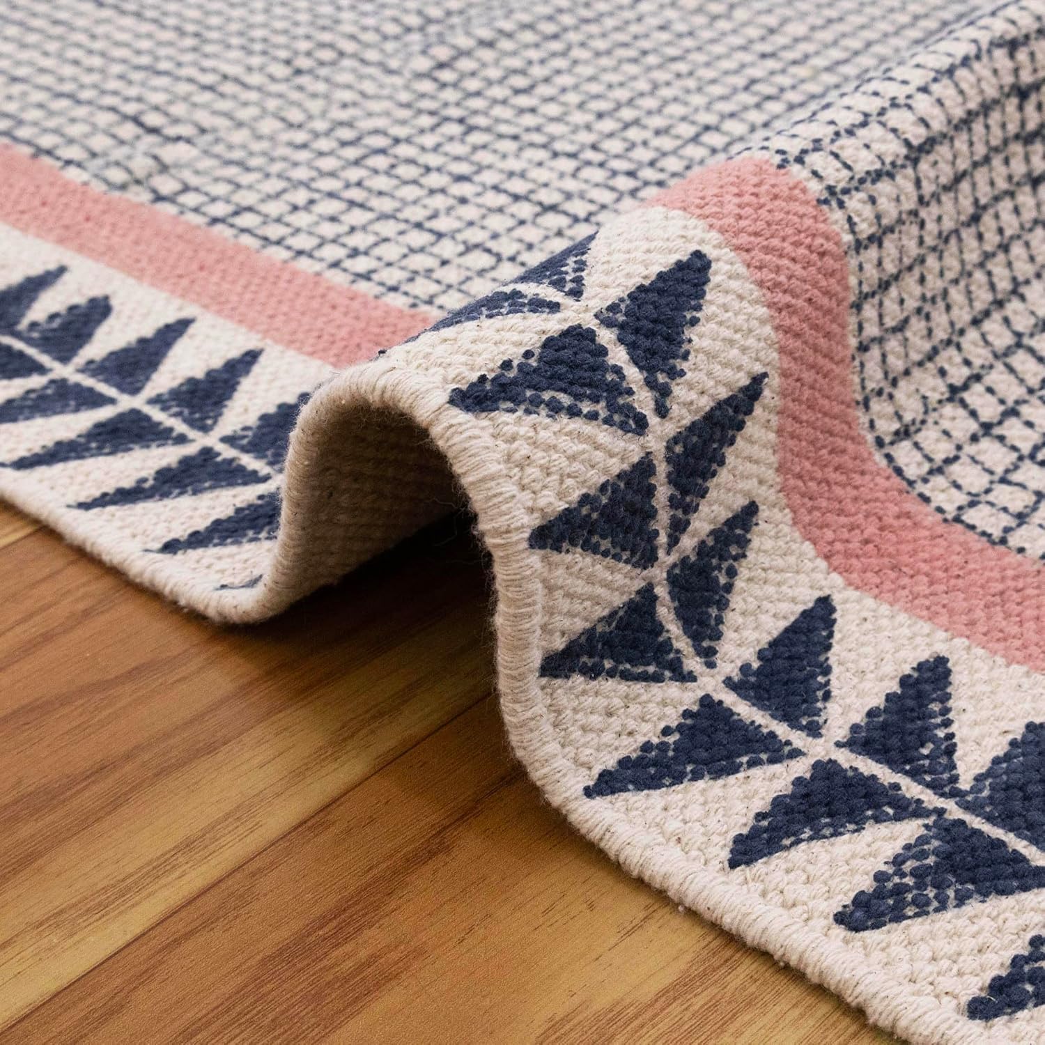 Kilim Area Rugs for 3x5 Feet Flatweave Rug Striped Design Hand Block Printed Cotton Rug Blue Pink Handmade Boho Thick 0.19" Indoor Outdoor Rugs for Bedside Enterway Kitchen | Christmas Room Decor