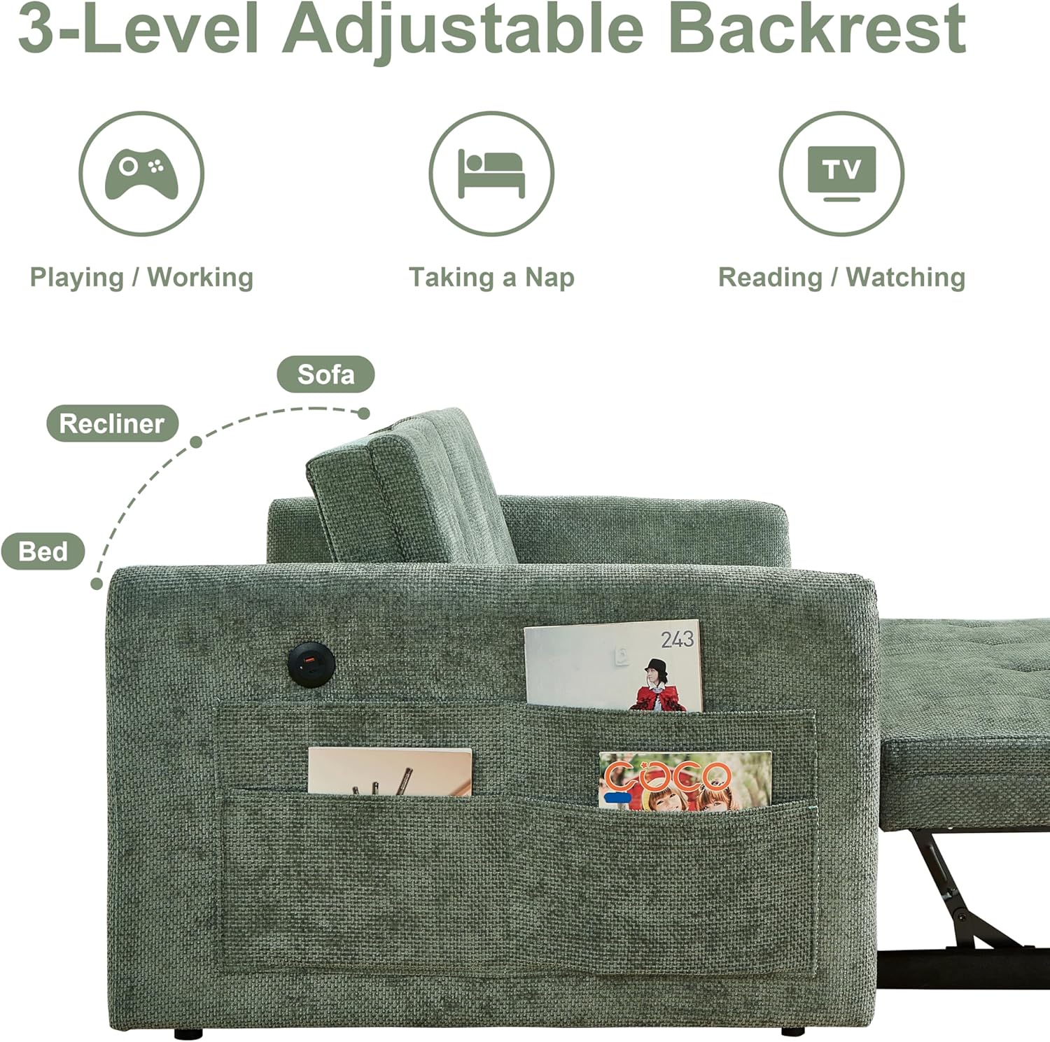 Diagram illustrating the 3-level adjustable backrest for playing/working, taking a nap, and reading/watching.