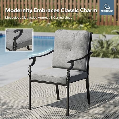 Miniatura 4 de MFSTUDIO Juego de 2 sillas de comedor para patio al aire libre, sillas de patio resistentes con cojines, sillas de terraza de hierro forjado para