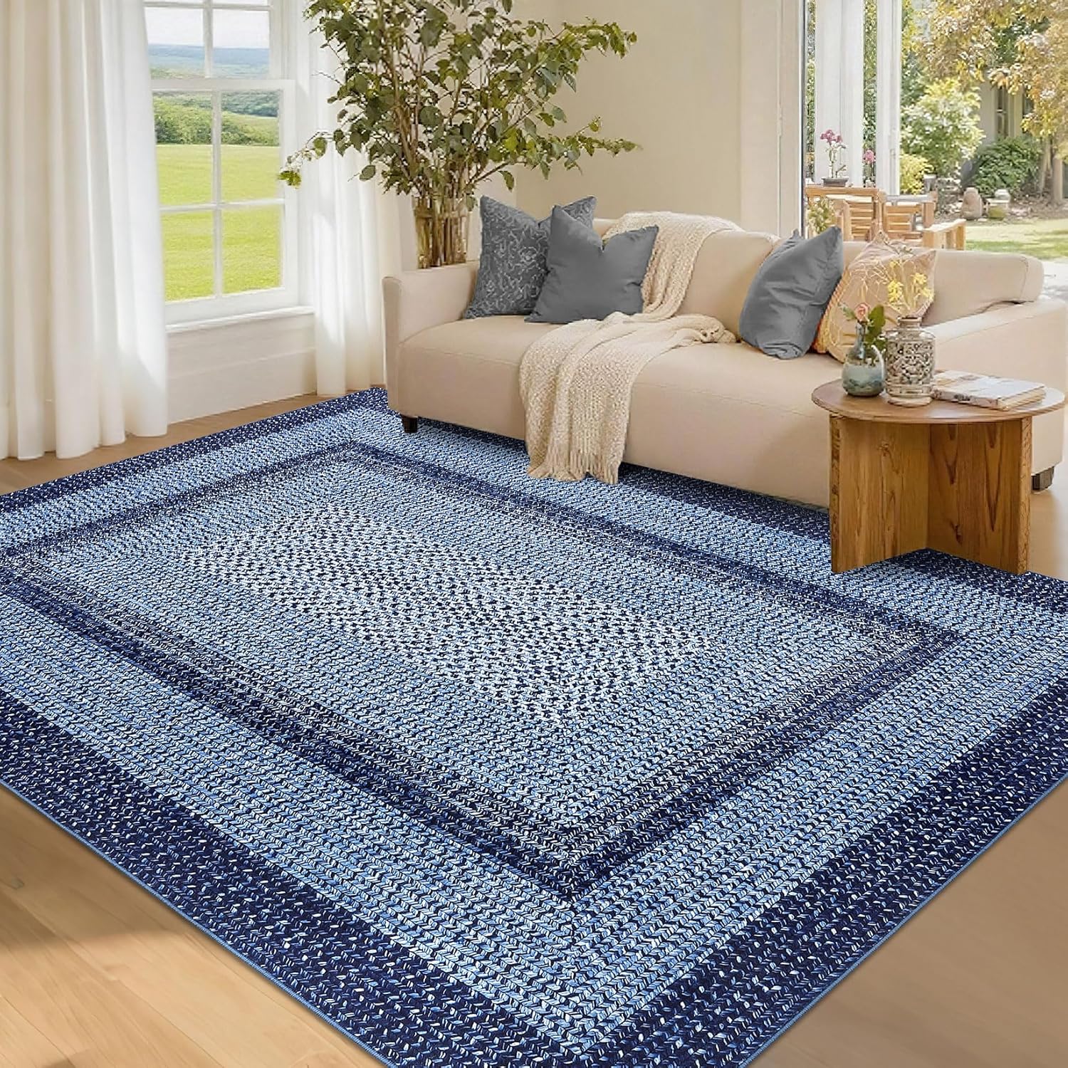 Printed Modern Washable Rugs 8x10 Area Rugs for Living Room Soft Bedroom Rug Blue Geometric Large Area Rug Non Slip Throw Rugs Stain Resistant Carpet for Nursery Dining Room 8'x10' Navy Blue