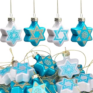 12pcs Star of David Ornament With Glitter - Hanukkah Glass Hanging Ornaments, Blue and White Jewish Stars for Chanukah Party Decoration