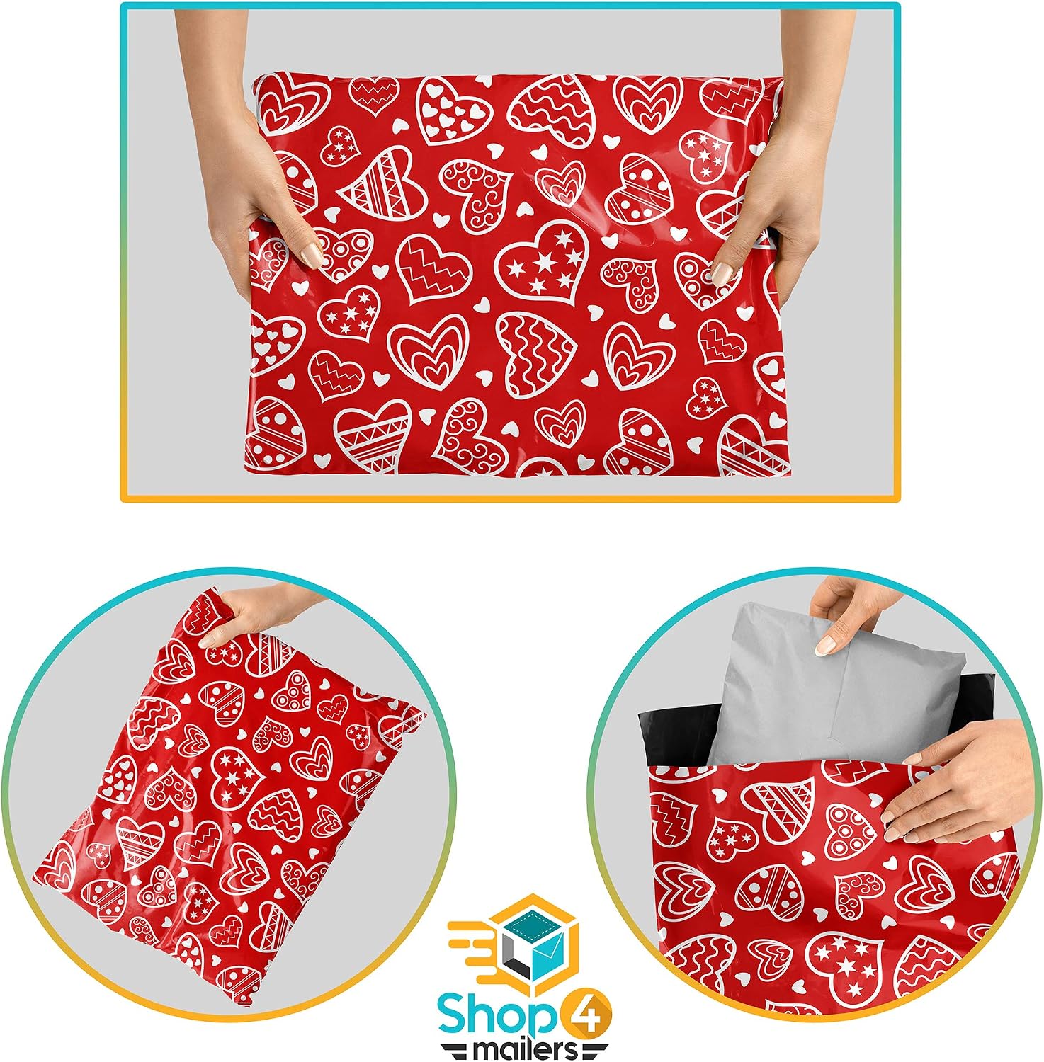 Shop4Mailers 10 x 13 Glossy Red Hearts Decorative Plastic Poly Mailer Bags Waterproof Shipping Mailing Envelope 2 Mil for Apparel, Clothes, Shirts, Books – Permanent Adhesive Seal (100 Pack, Hearts)