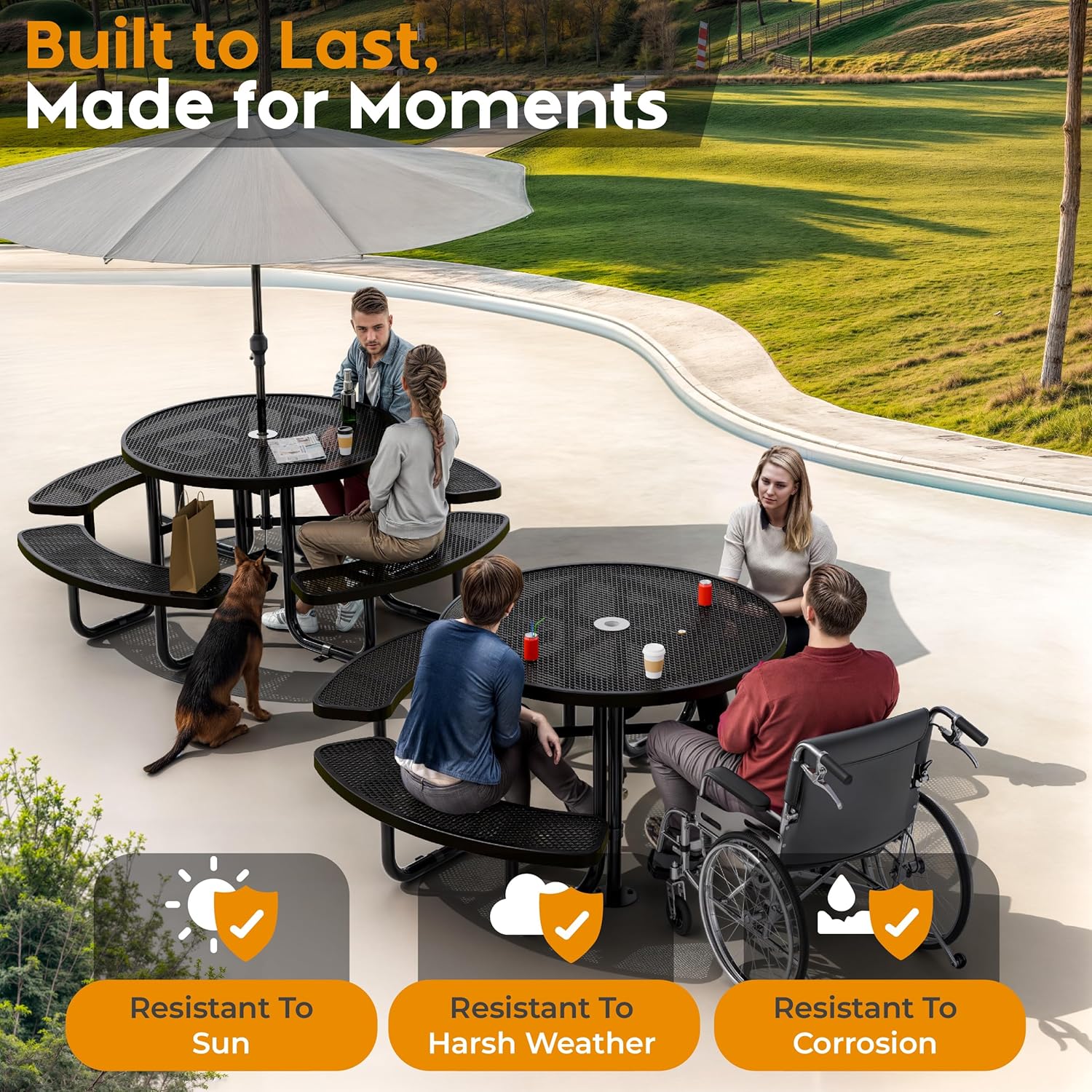Metal Picnic Tables for Outdoors with Umbrella Hole - Coated Steel Heavy Duty Commercial Grade Furniture Set with Adjustable Seats (Black, 46 in, Round, Expanded Steel)