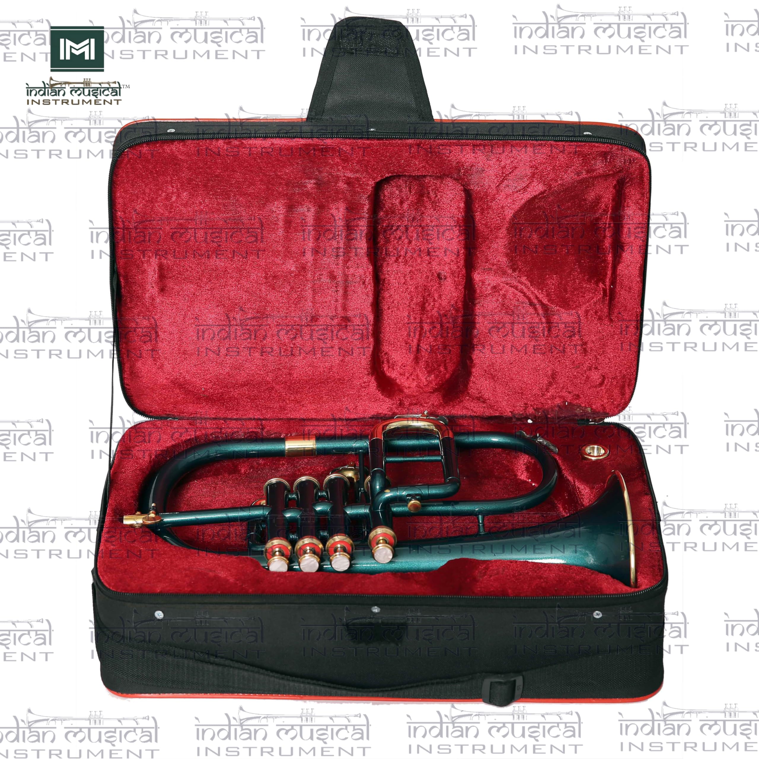 Instrumento musical indio Flugel cuerno 4 válvulas BB Pitch Premium latón calidad con funda de transporte y boquilla, guantes (oro verde)