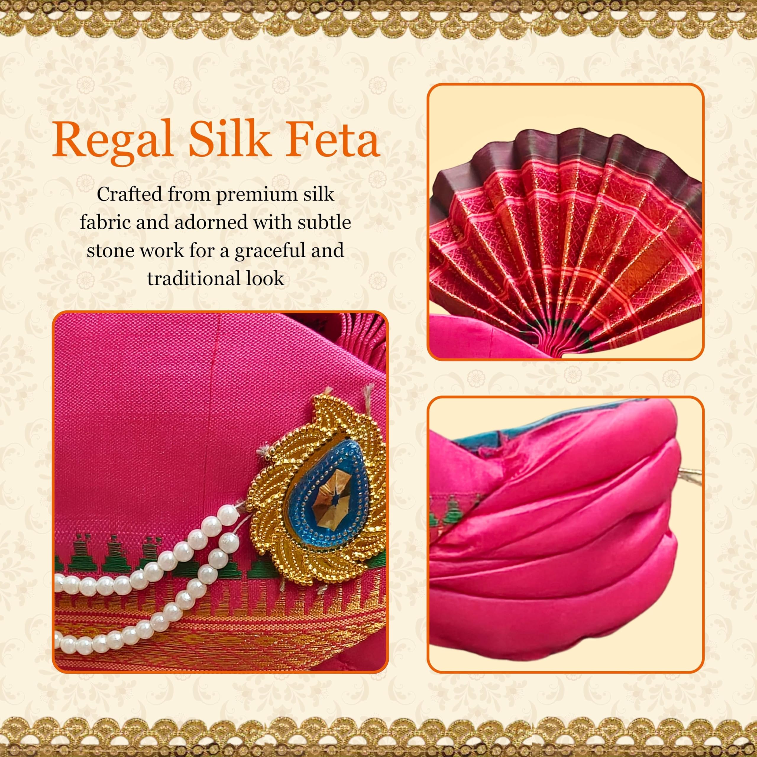 PUNYATVA Ganesh Feta Mukut (Turban, Silk, Pink) / Adjustable Ganesh Pheta, Gauri Ganpati Festival Decoration Accessories, Jewellery, Crown, Makhar, Traditional Pagdi, God Idol Headgear 4