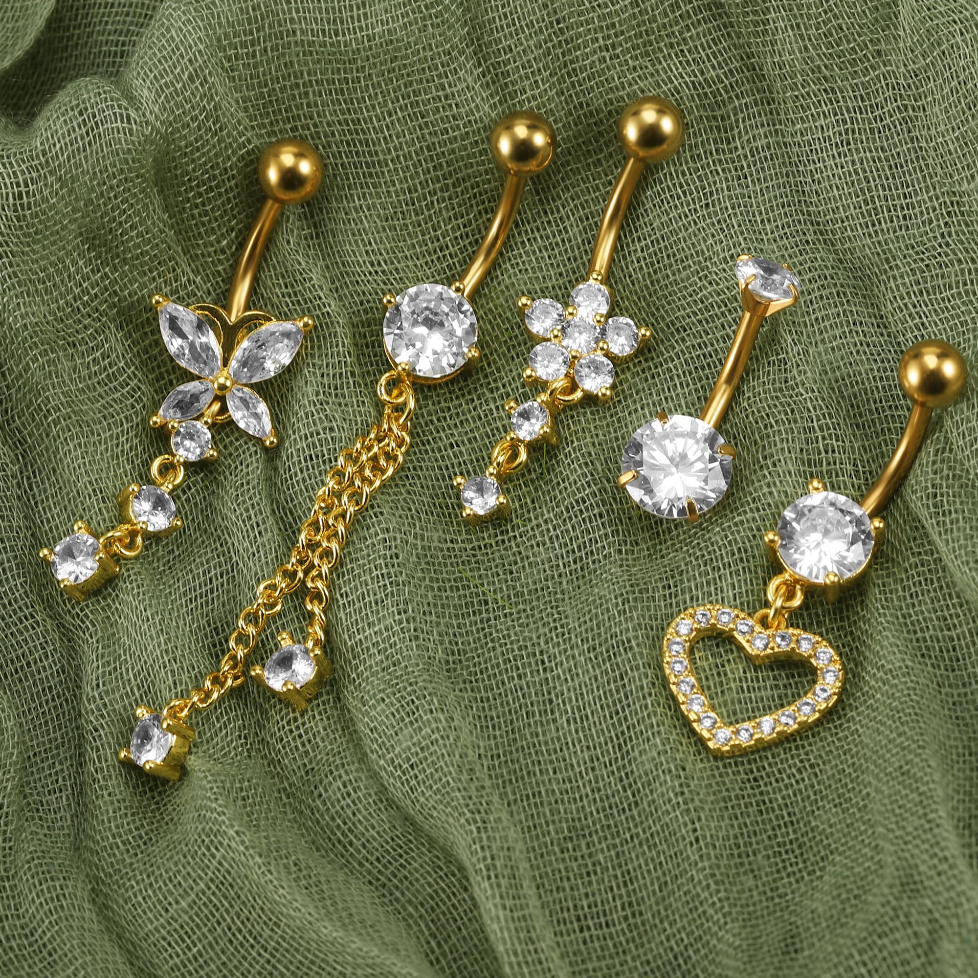 Kolczyk do pępka 10 mm, 5 szt. kolczyk do pępka ze stali nierdzewnej, biżuteria do piercingu pępka, serce, motyl, zwisające dla kobiet i dziewcząt