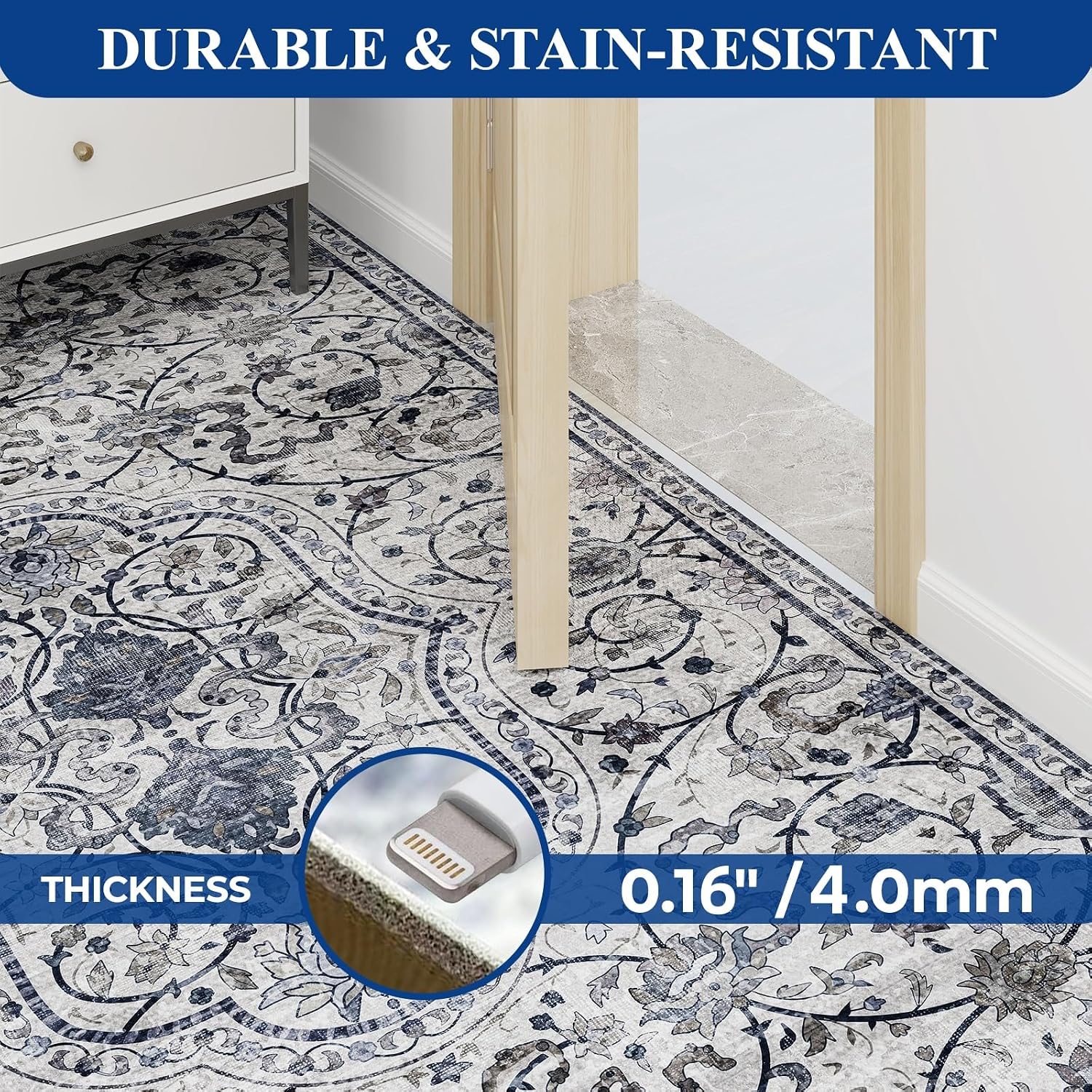 SALLOUS Runner Rug for Hallway, 3' X 6' Vinyl Floor Mat for Home, Waterproof Area Rug for Living Room, Non-Slip Floor Protector Mat for Kitchen, Bathroom, Entryway (Grayish Blue)