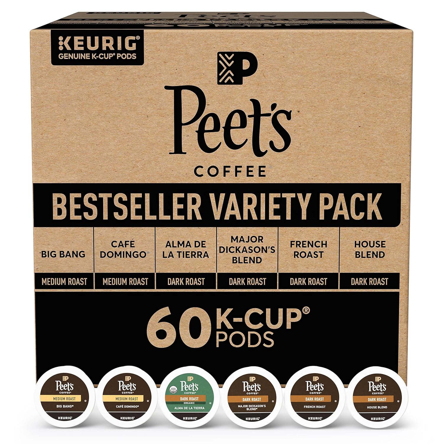 Peet's Coffee, Keurig K-Cup Pods Variety Pack - Major Dickason's Blend, Big Bang, French Roast, Café Domingo, Organic Alma De La Tierra, House Blend, 60 Count (6 Boxes of 10 K-Cup Pods) ((Best 23/Jul/2025))