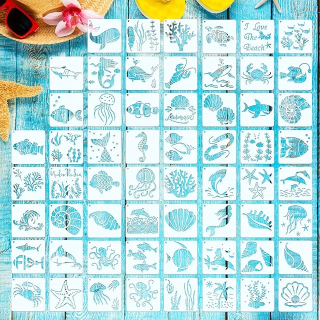 60 Pieces Sea Ocean Creatures Stencils Sea Animal Painting Templates Reusable Mermaid Animal Painting Stencils for DIY Crafts Scrabooking Painting on Wood Furniture Wall Floor Decor, 3 x 3 Inch
